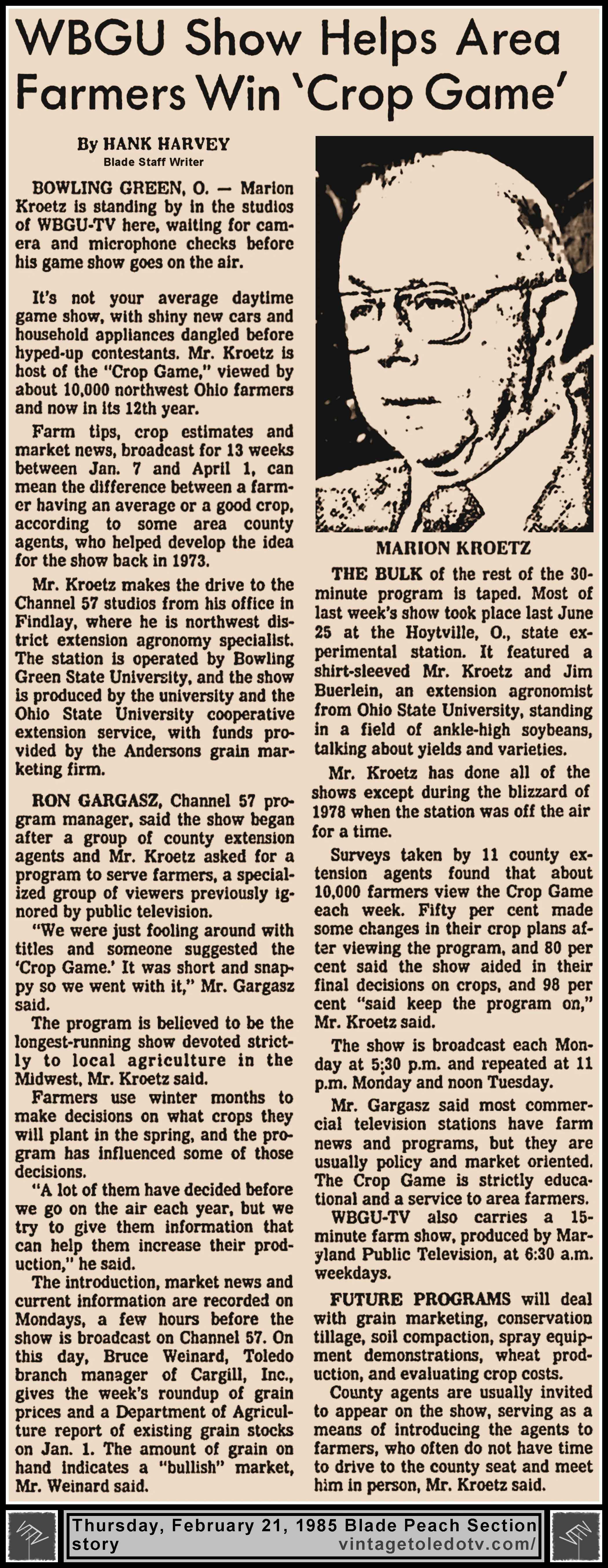 "WBGU Show Helps Area Farmers Win 'Crop Game'" by Hank Harvey, in The Blade's Thursday, 2/21/85 Peach Section