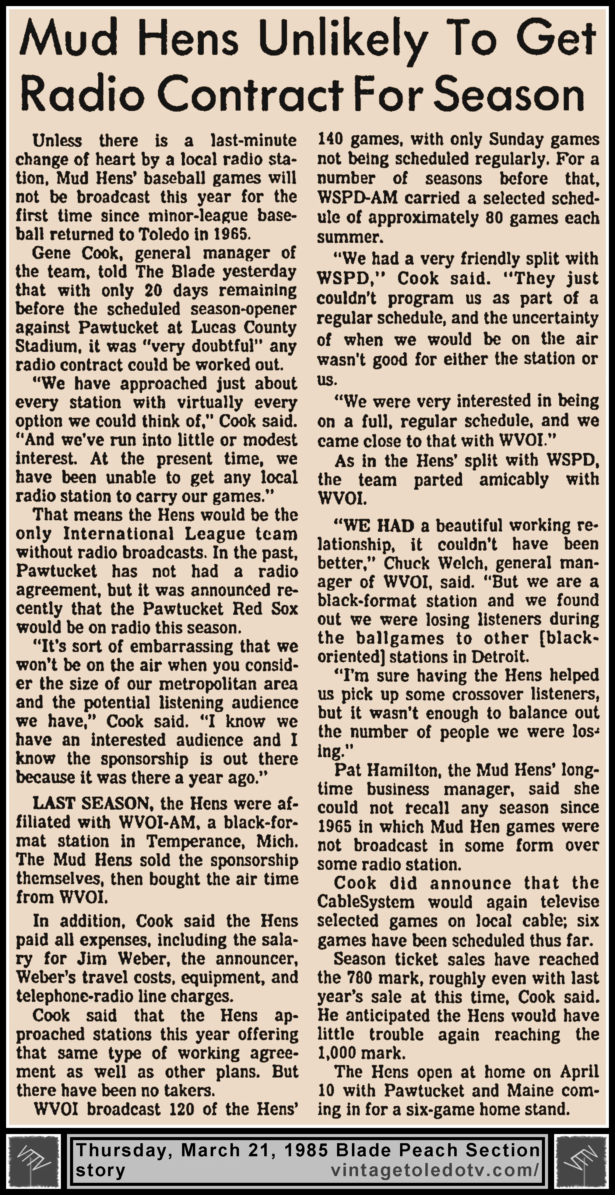 "Mud Hens Unlikely To Get Radio Contract For Season," in The Blade's Thursday, 3/21/85 Peach Section