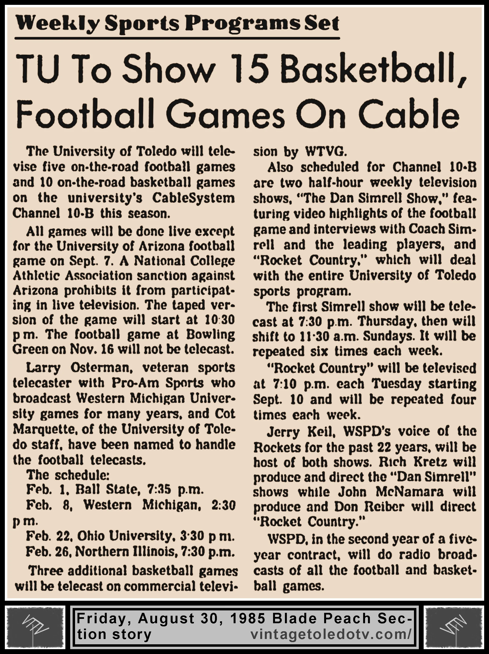 "TU To Show 15 Basketball, Football Games On Cable," in The Blade's Friday, 8/30/85 Peach Section