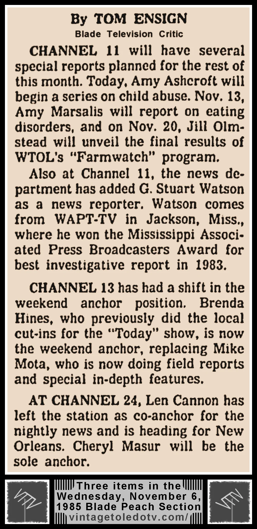 Three Tom Ensign Items, in The Blade's Wednesday, 11/6/85 Peach Section