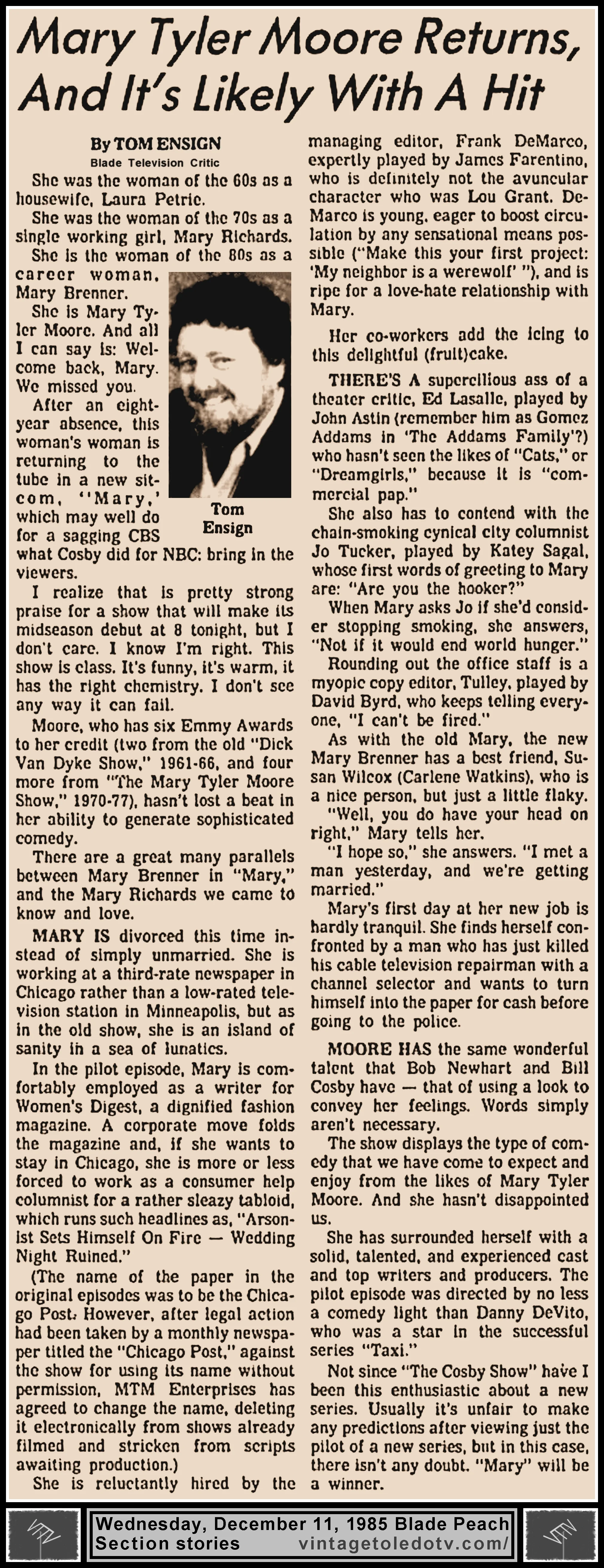 "Mary Tyler Moore Returns, And It's Likely With A Hit" by Tom Ensign, in The Blade's Wednesday, 12/11/85 Peach Section