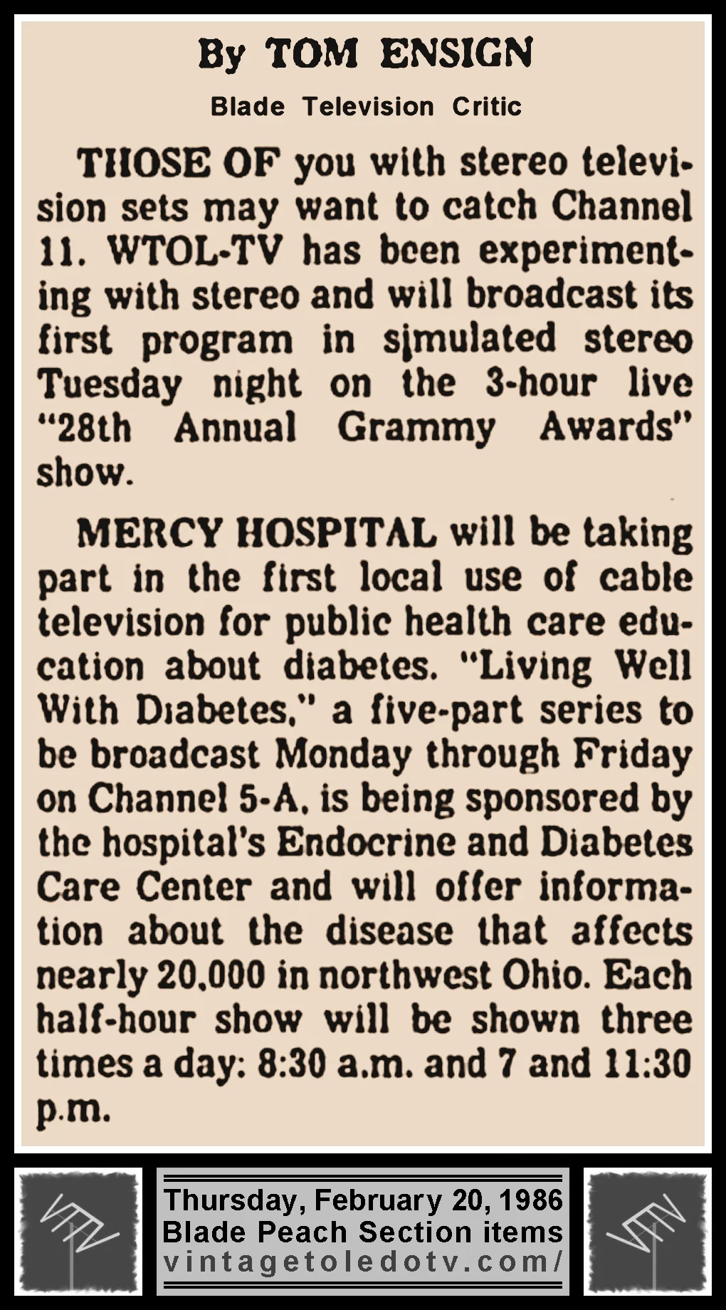 Two items by Tom Ensign, in The Blade's Thursday, 2/20/86 Peach Section