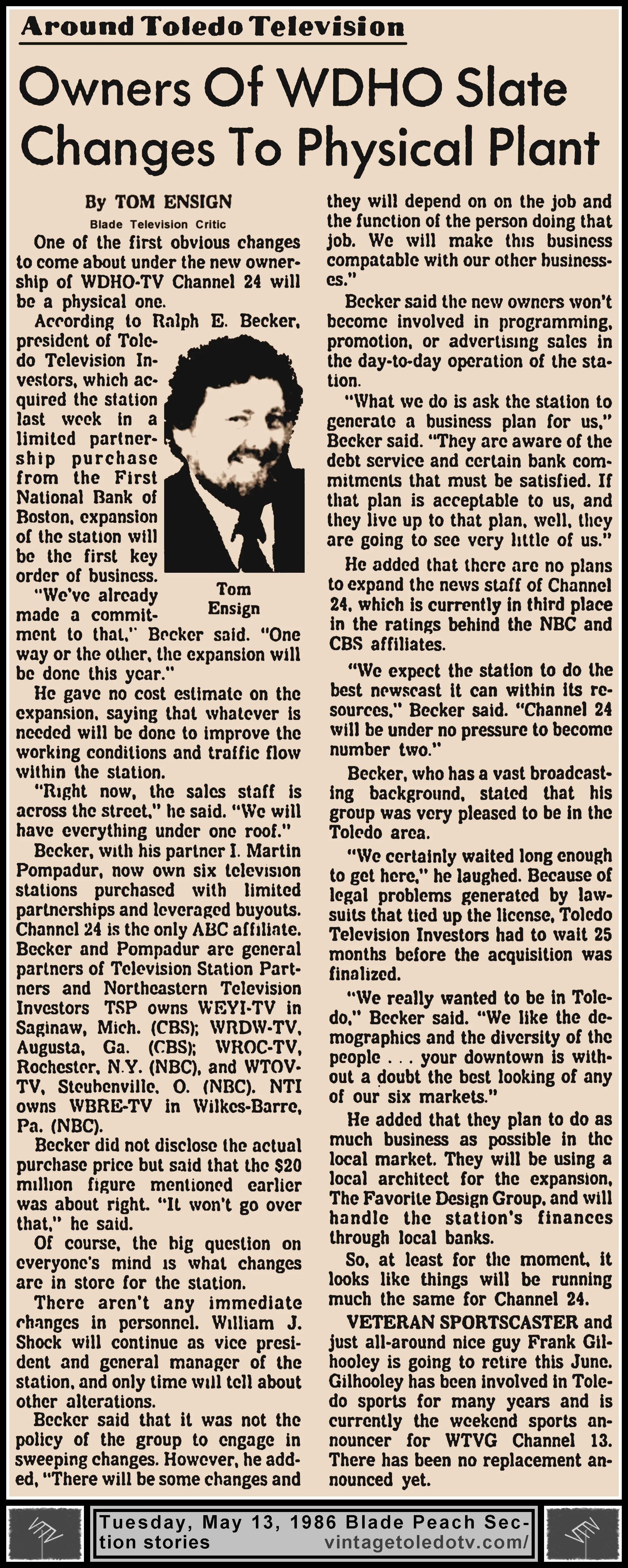 "Owners Of WDHO Slate Changes To Physical Plant" and other item, by Tom Ensign, in The Blade's Tuesday, 5/13/86 Peach Section