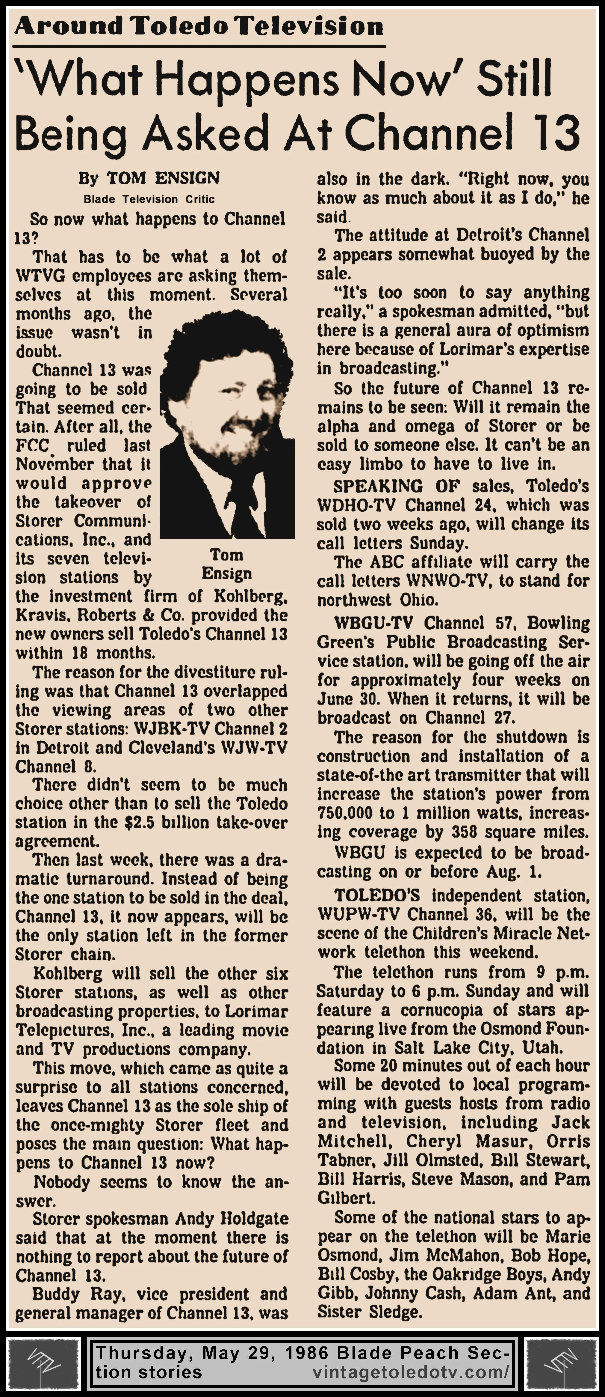 "'What Happens Now' Still Being Asked At Channel 13" and other items, by Tom Ensign, in The Blade's Thursday, 5/23/86 Peach Section