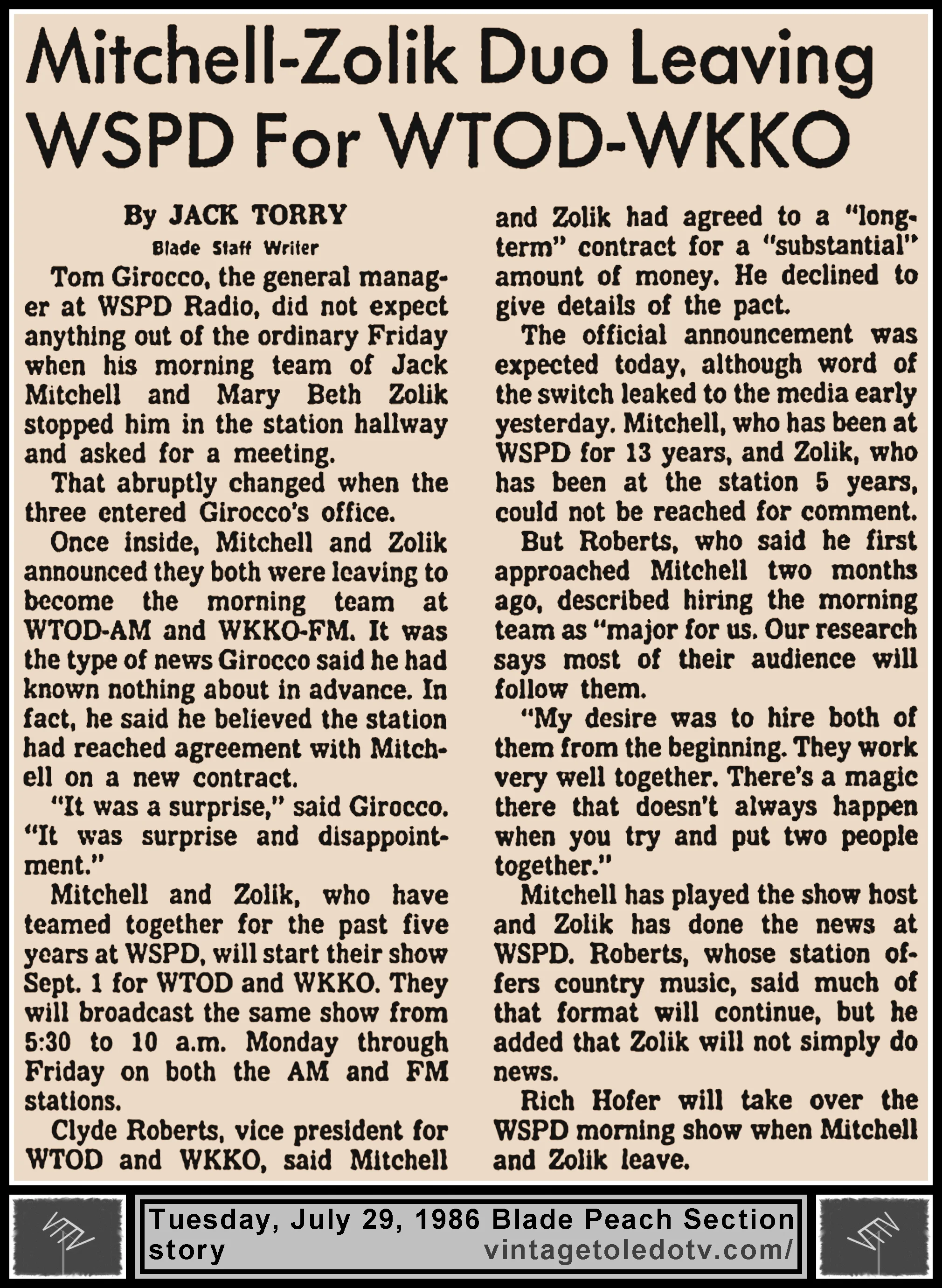 "Mitchell-Zolik Duo Leaving WSPD For WTOD-WKKO" by Jack Torry, in The Blade's Tuesday, 7/29/86 Peach Section