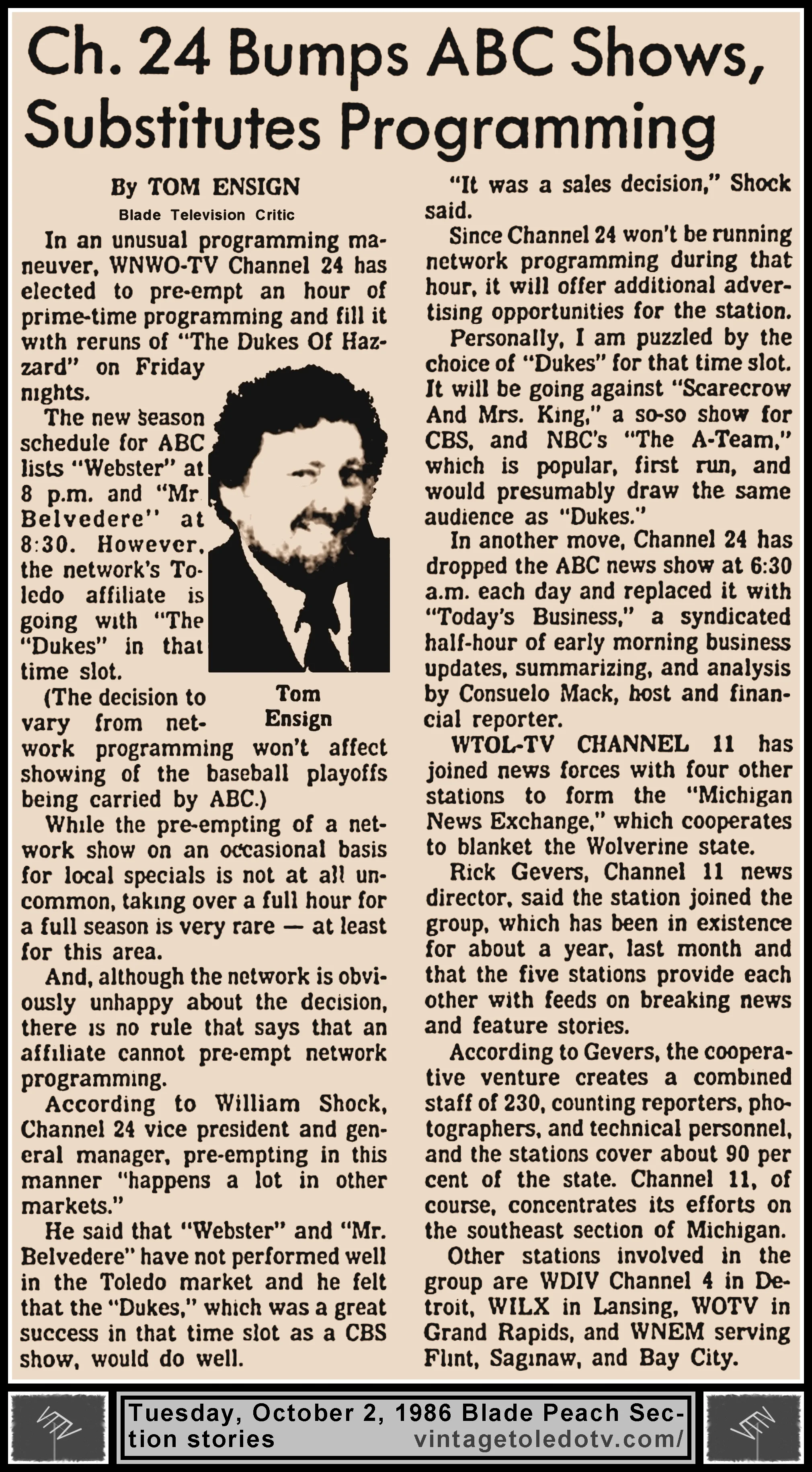 "Ch. 24 Bumps ABC Shows, Substitutes Programming" and other item, by Tom Ensign, in The Blade's Tuesday, 10/2/86 Peach Section