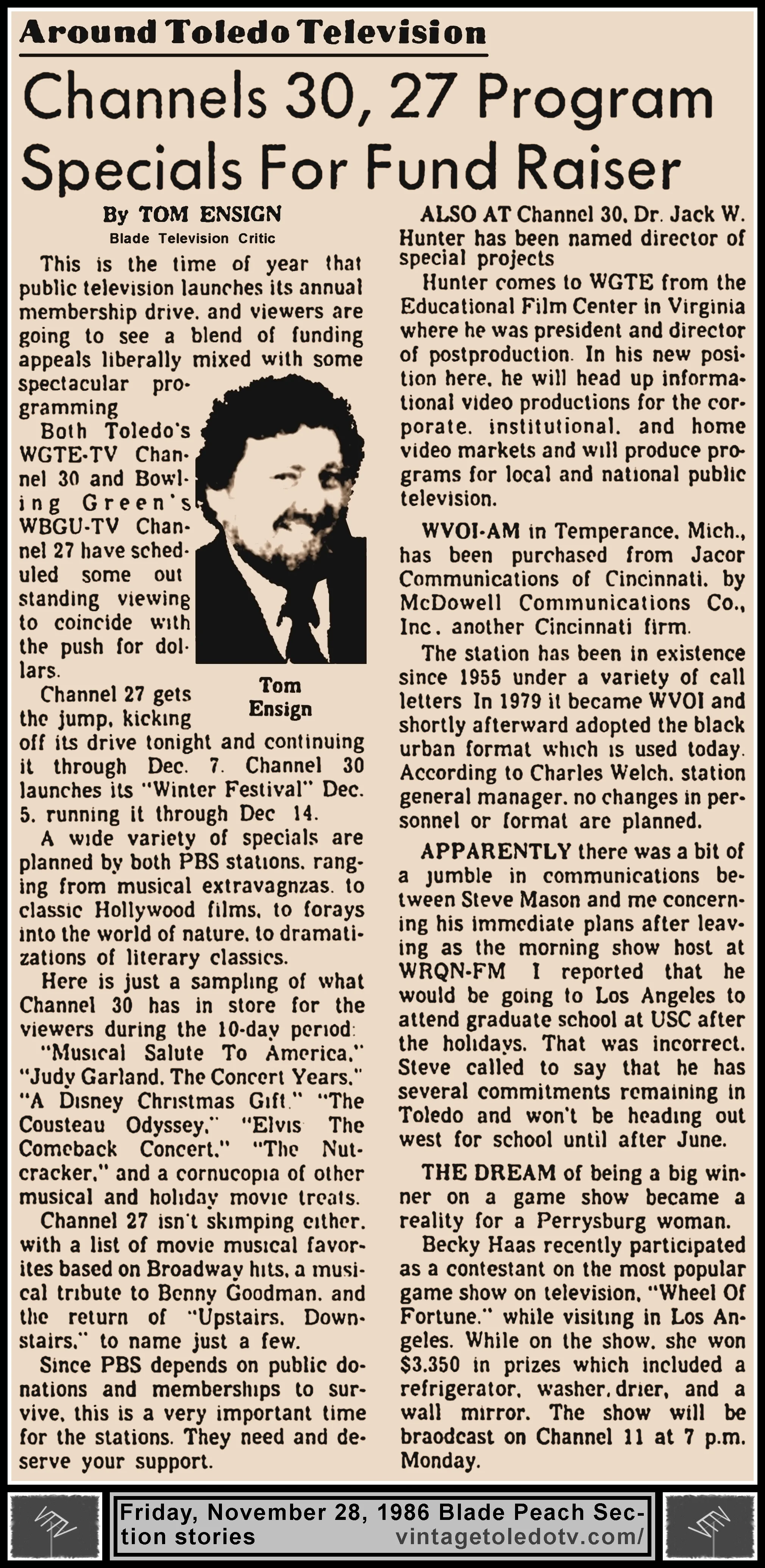 "Channels 30, 27 Program Specials For Funs Raiser" and other items, in The Blade's Friday, 11/28/86 Peach Section