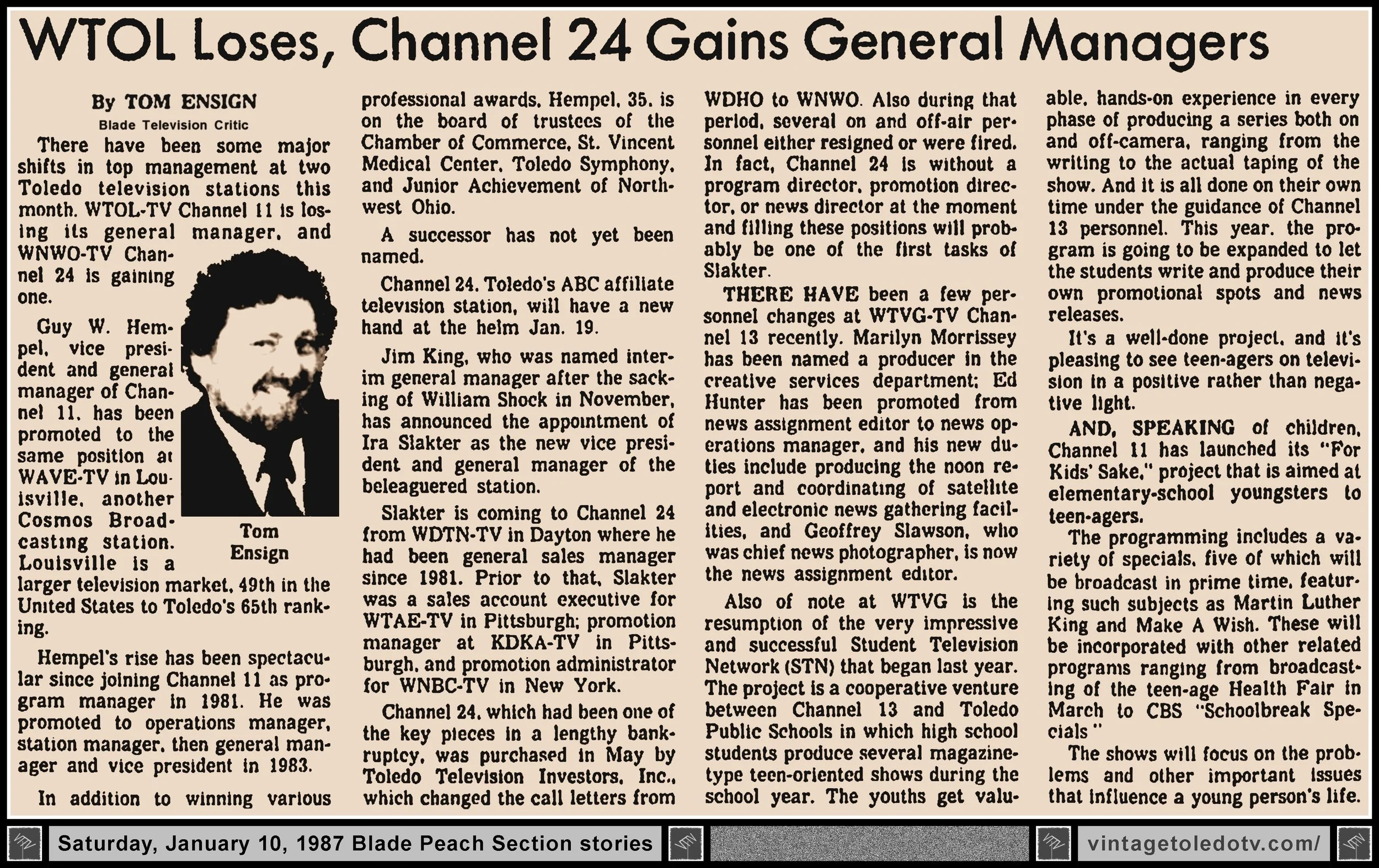 "WTOL Loses, Channel 24 Gains General Managers" and other items, by Tom Ensign, in The Blade's Saturday, 1/10/87 Peach Section