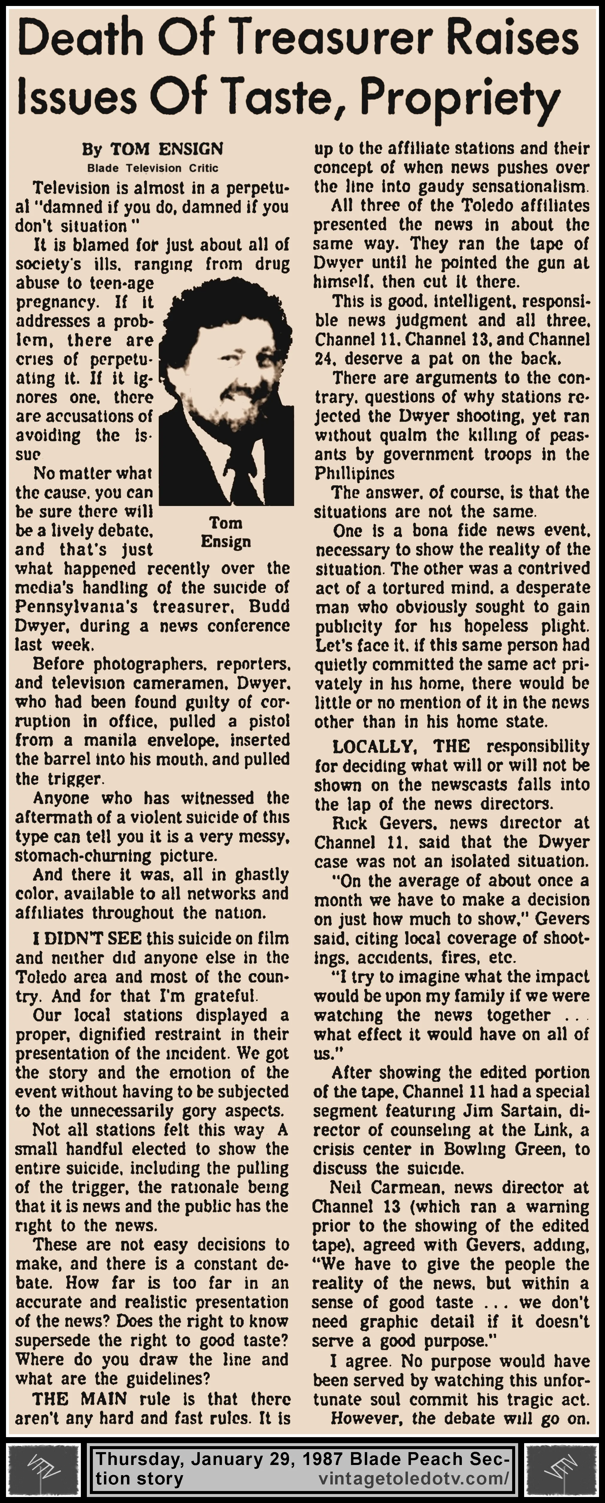 "Death Of Treasurer Raises Issues of Taste, Propriety" by Tom Ensign, in The Blade's Thursday, 1/29/87 Peach Section