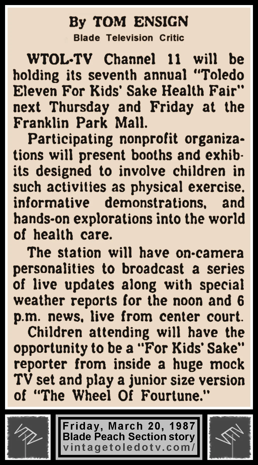 Tom Ensign item, in The Blade's Friday, 3/20/87 Peacj Section