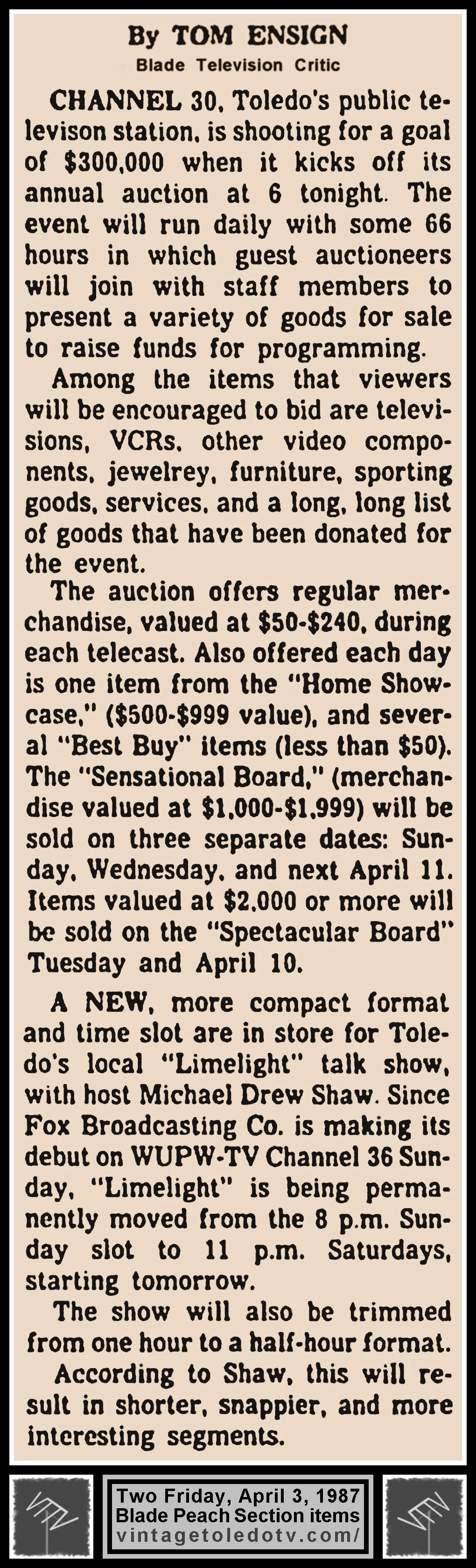 Tom Ensign items in The Blade's Friday, 4/3/87 Peach Section