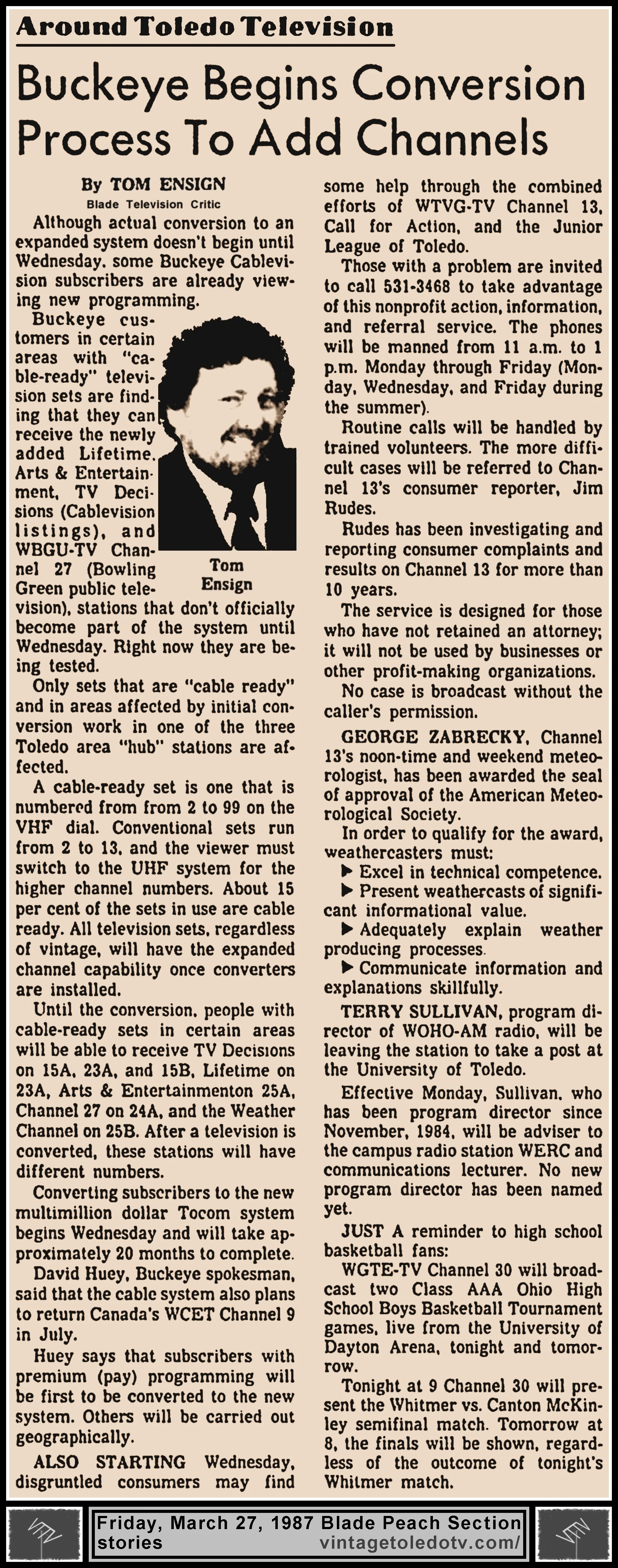 "Buckeye Begins Conversion Process To Add Channels" and other items, by Tom Ensign, in The Blade's Friday, 3/27/87 Peach Section