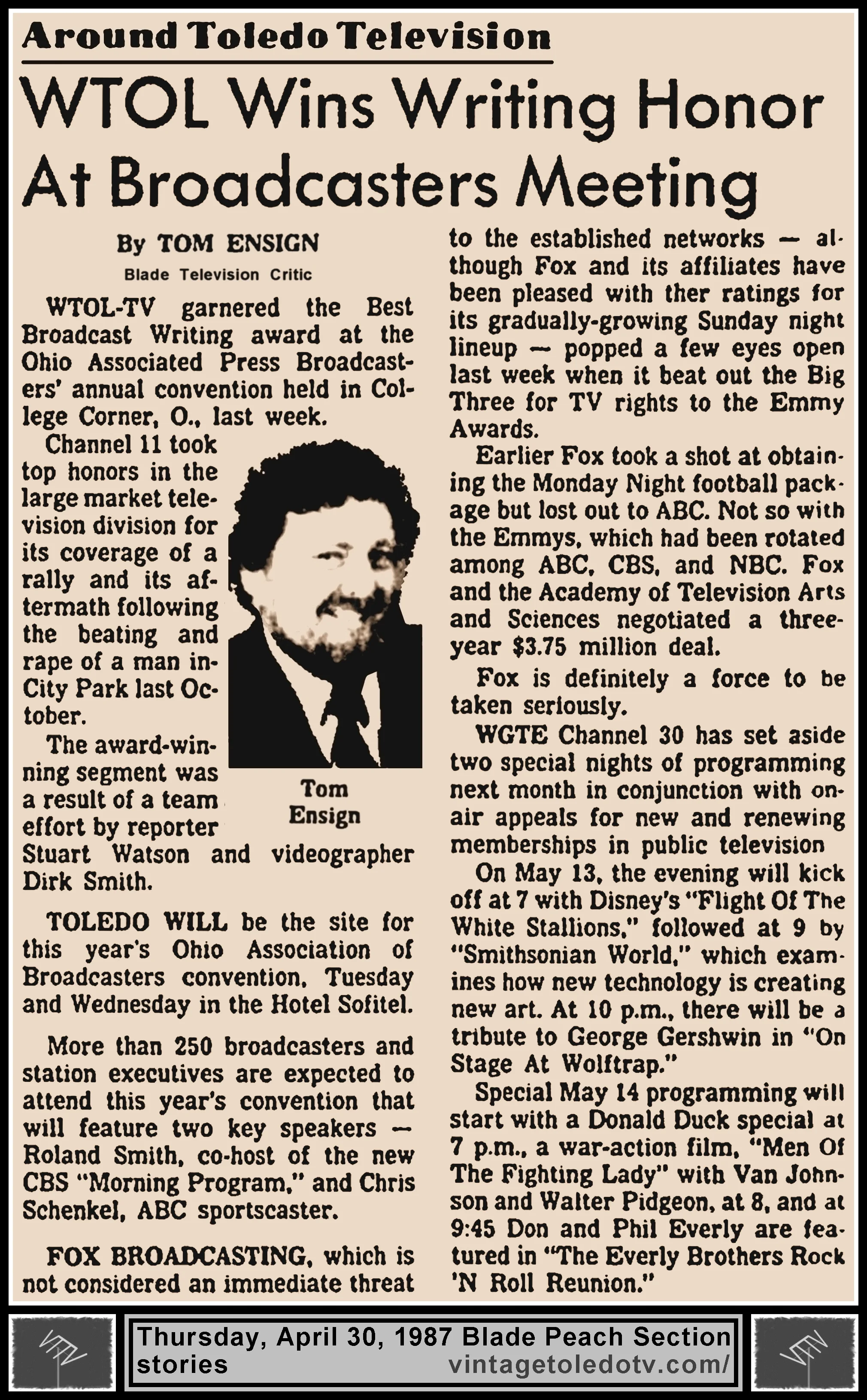 "WTOL Wins Writing Honor At Broadcasters Meeting" and other items, by Tom Ensign, in The Blade's Thursday, 4/30/87 Peach Section