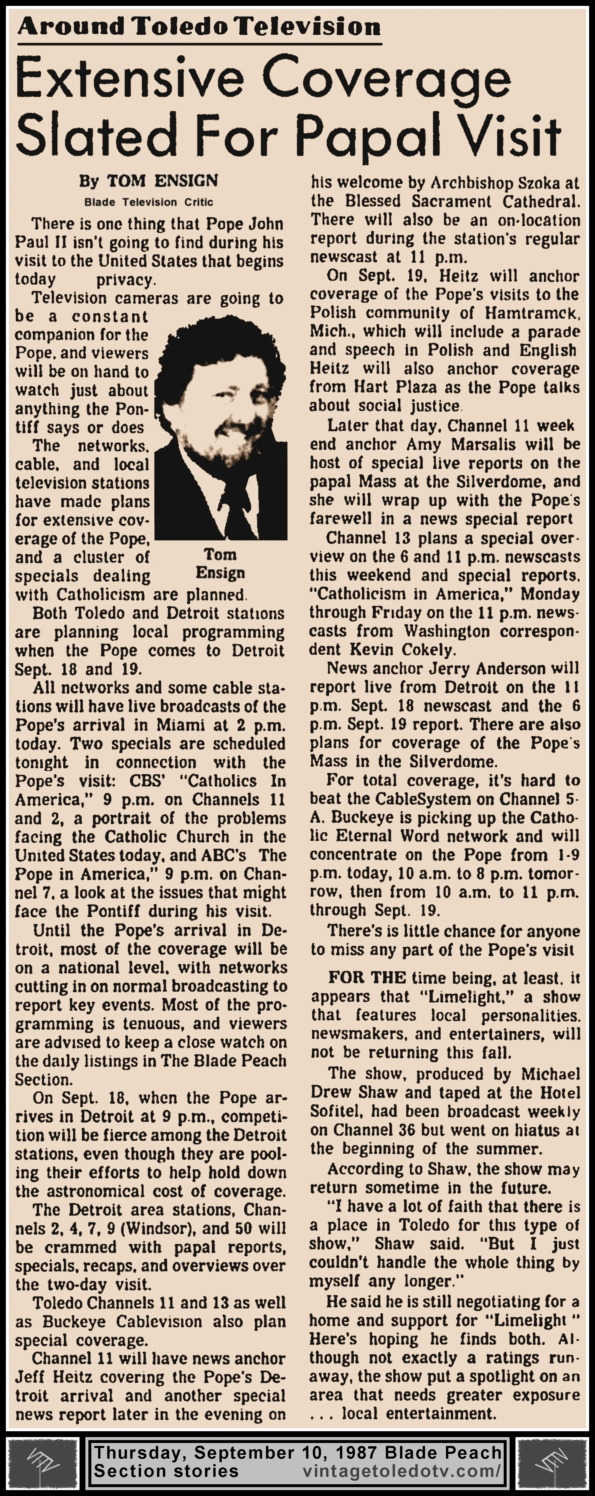 "Extensive Coverage Slated For Papal Visit" and other item, by Tom Ensign in The Blade's Thursday, 9/10/87 Peach Section