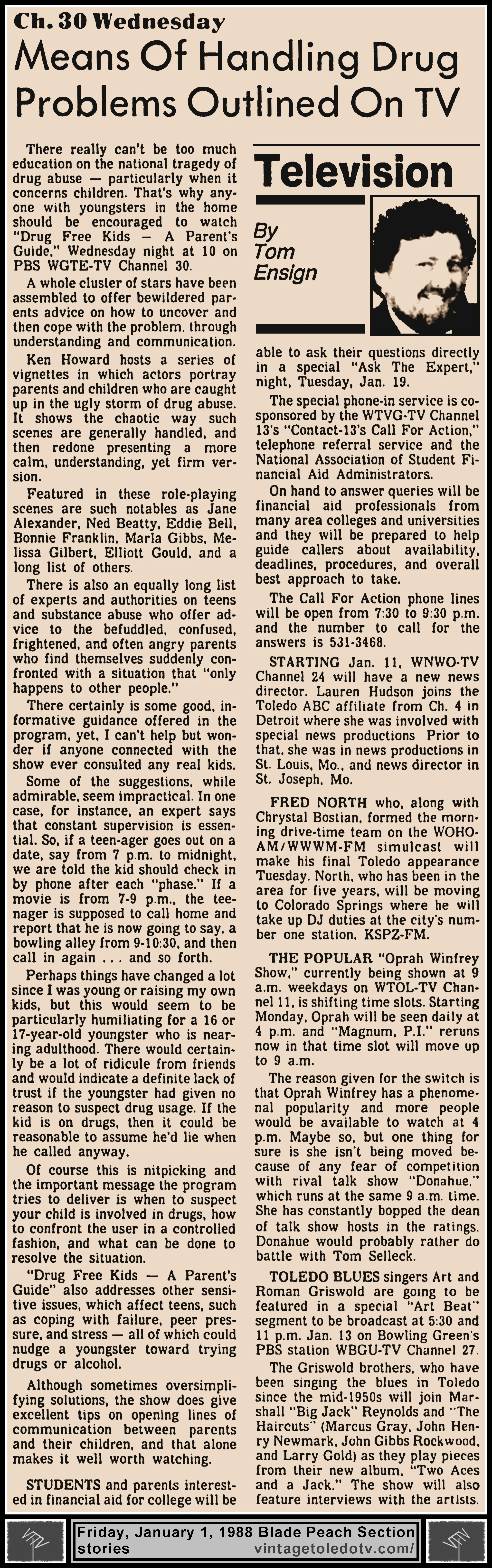 "Means Of Handling Drug Problems Outlined On TV" and other items, by Tom Ensign, in The Blade's Friday, 1/1/88 Peach Section