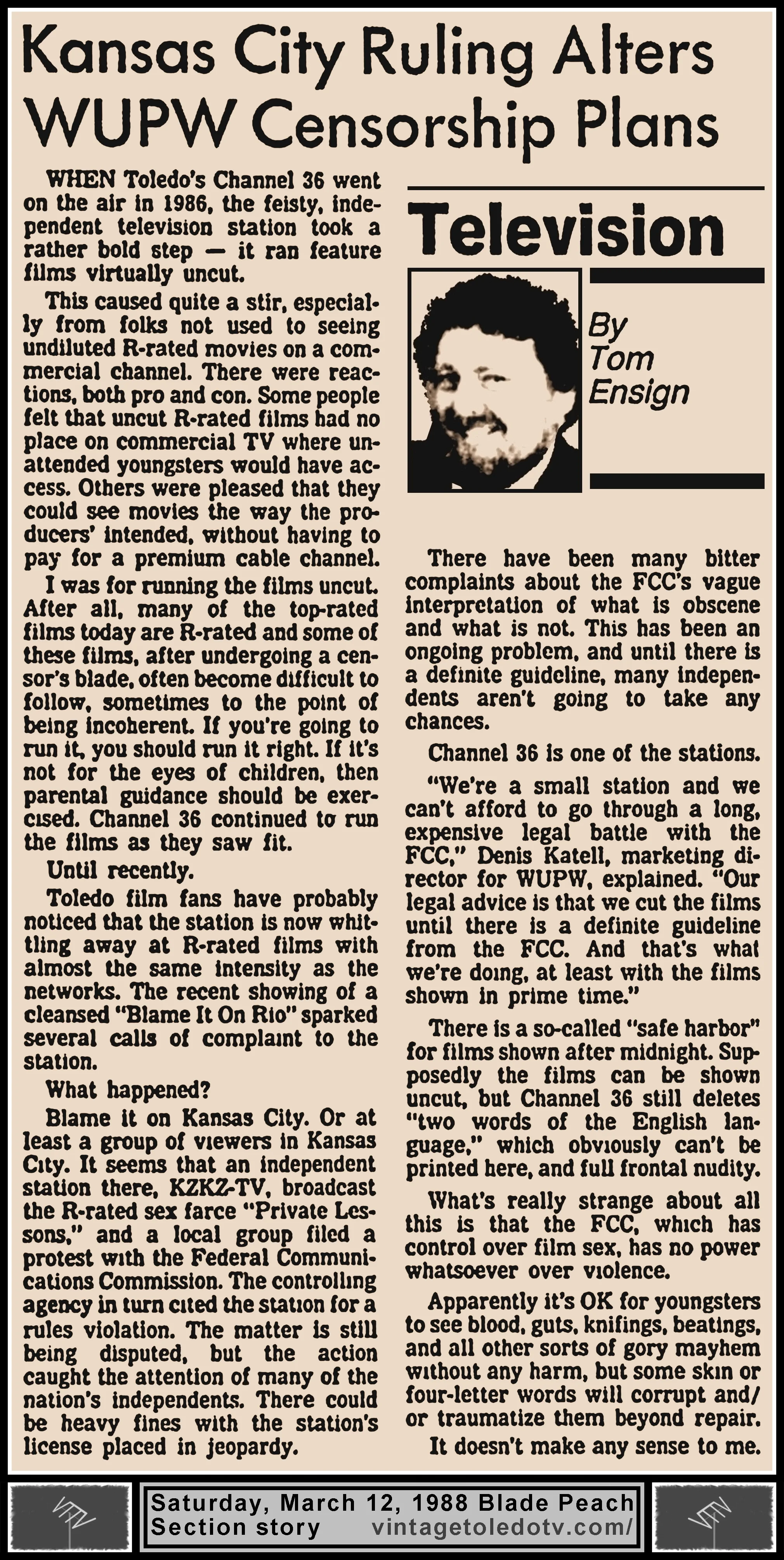 "Kansas City Ruling Alters WUPW Censorship Plans" by Tom Ewing, in The Blade's Saturday, 3/12/88 Peach Section