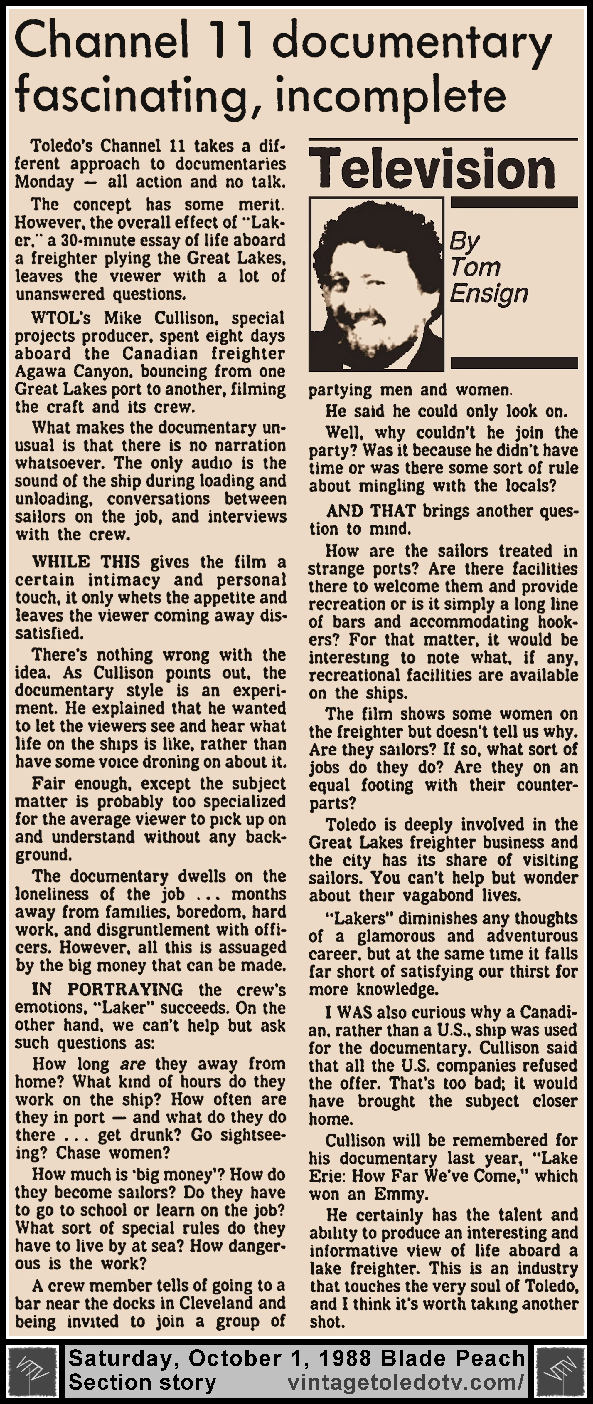 "Channel 11 Documentary Fascinating, Incomplete" by Tom Ensign, in The Blade's Saturday, 10/1/88 Peach Section
