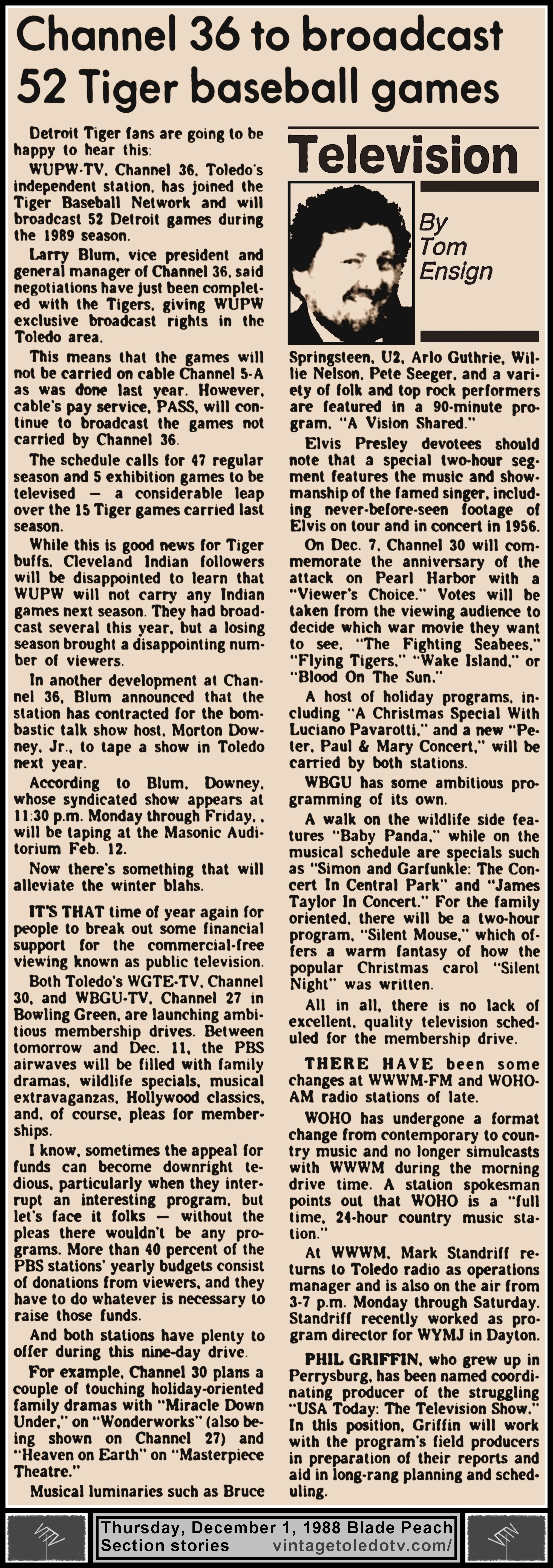 "Channel 36 To Broadcast 52 Tiger Baseball Games" and other items, in The Blade's Thursday, 12/1/88 Peach Section