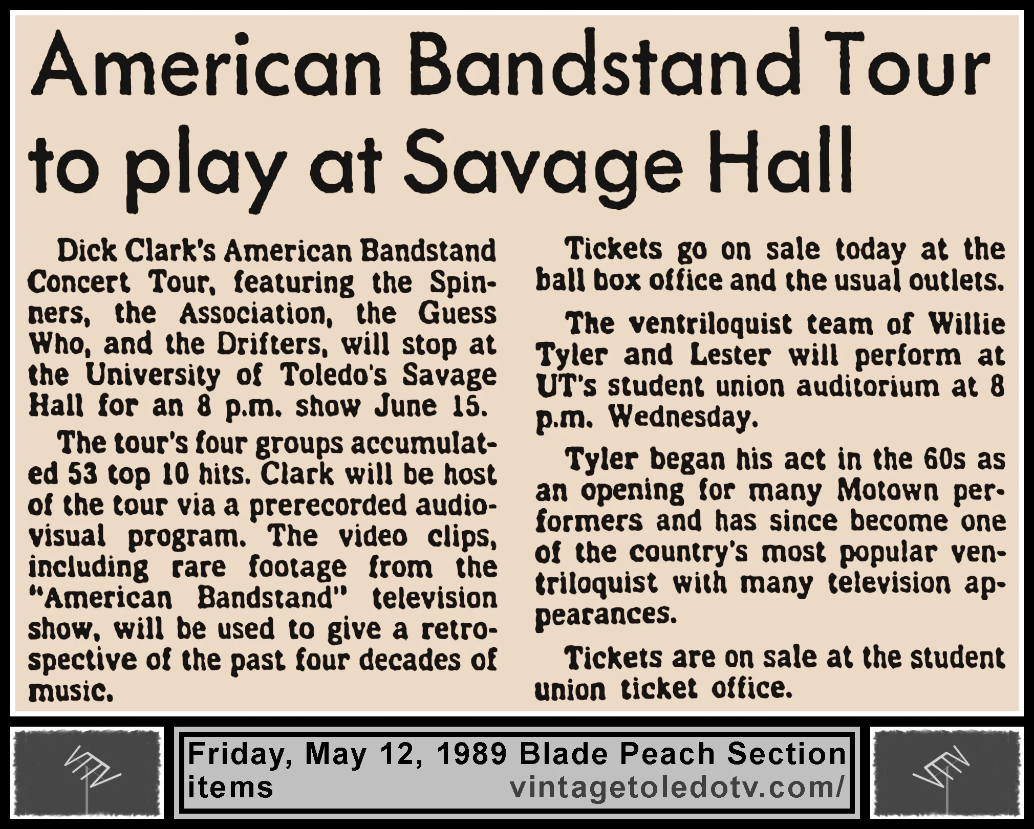 "American Bandstand Tour To Play At Savage Hall," in The Blade's Friday, 5/12/89 Peach Section