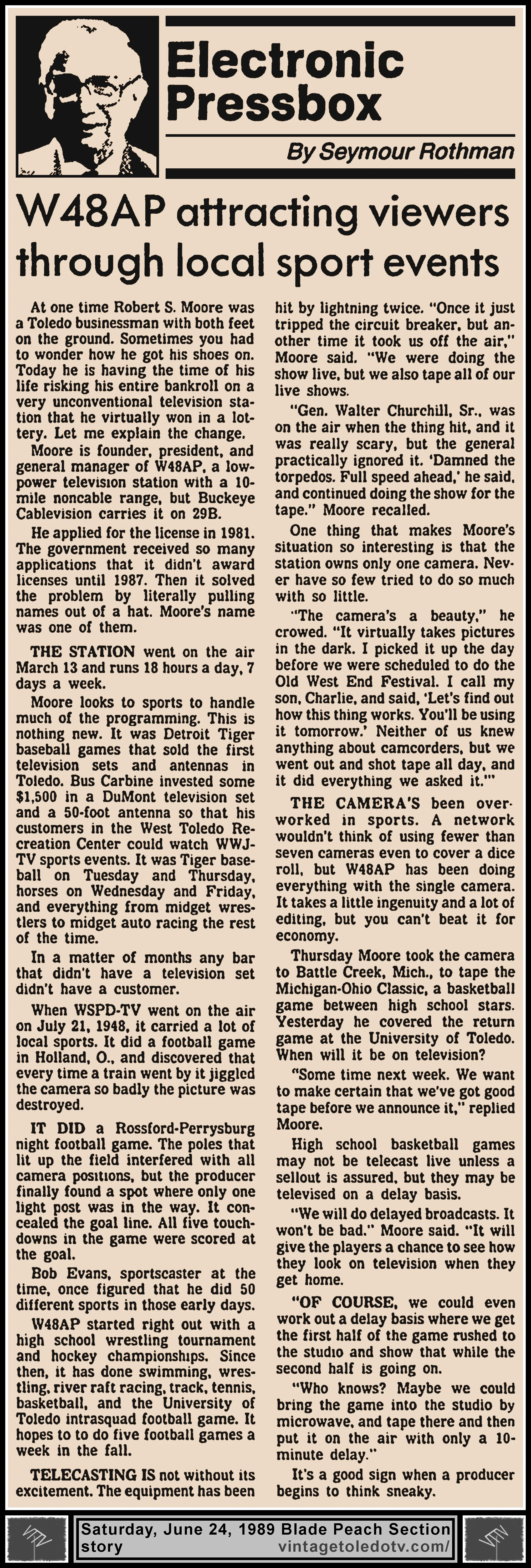 Electronic Pressbox "W48AP Attracting Viewers Through Local Sports Events" by Seymour Rothman, in The Blade's Saturday, 6/24/89 Peach Section