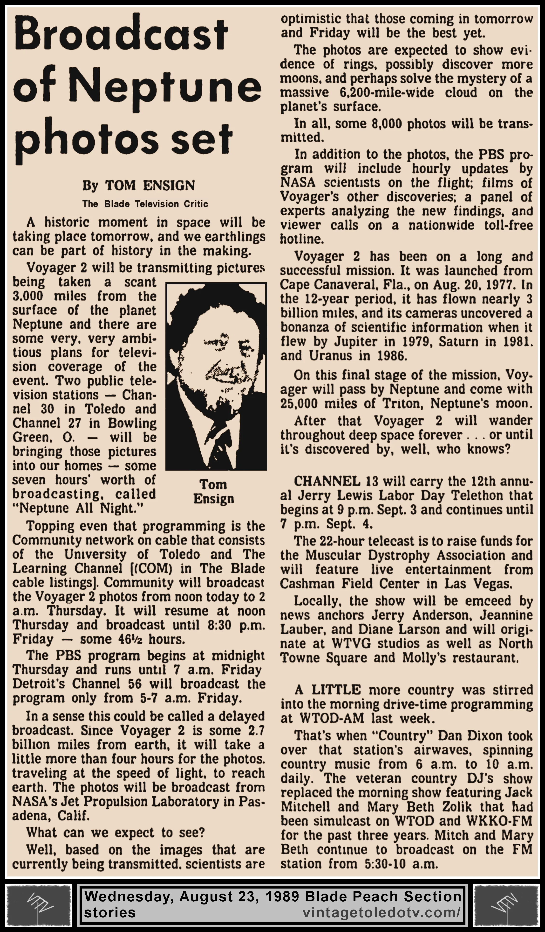 "Broadcast of Neptune Photo Set" and other items, by Tom Ensign, in The Blade's Wednesday, 8/23/89 Peach Section