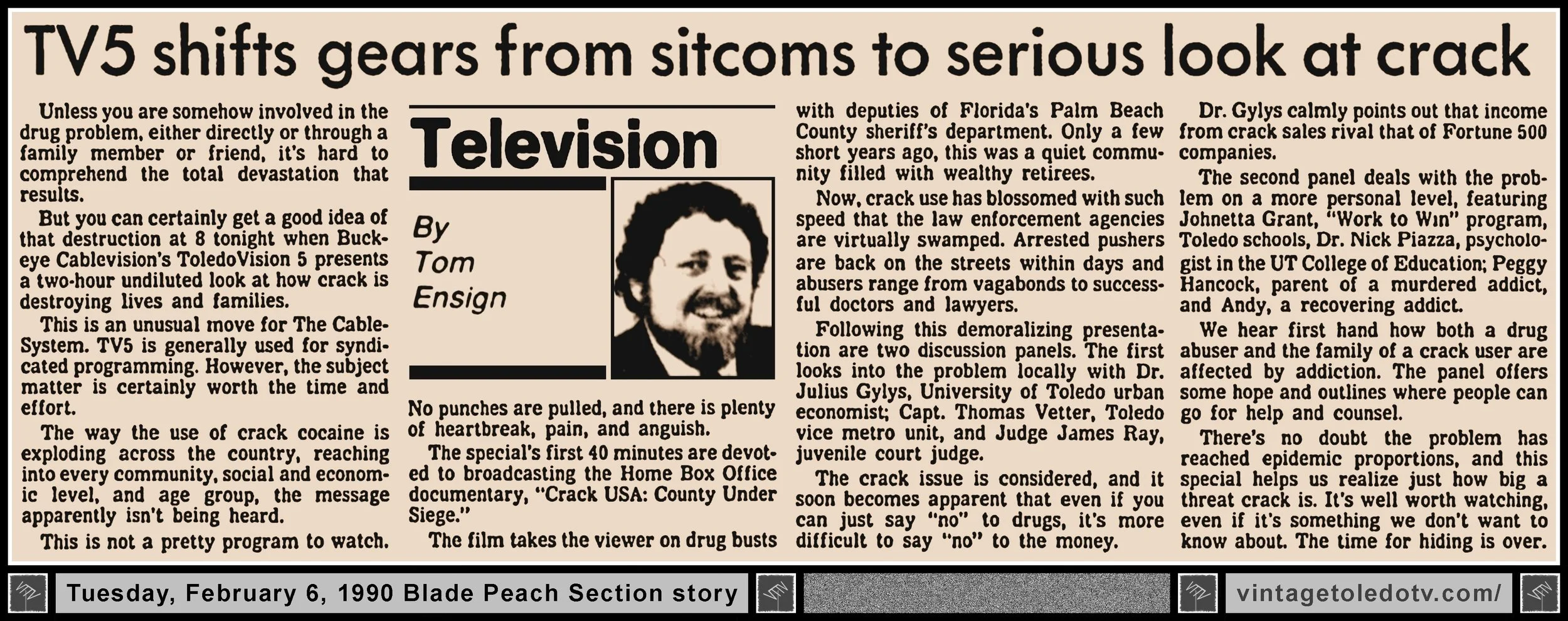 "TV5 Shifts Gears From Sitcoms to Serious Look at Crack" by Tom Ensign, in The Blade's Thursday, 2/6/90 Peach Section
