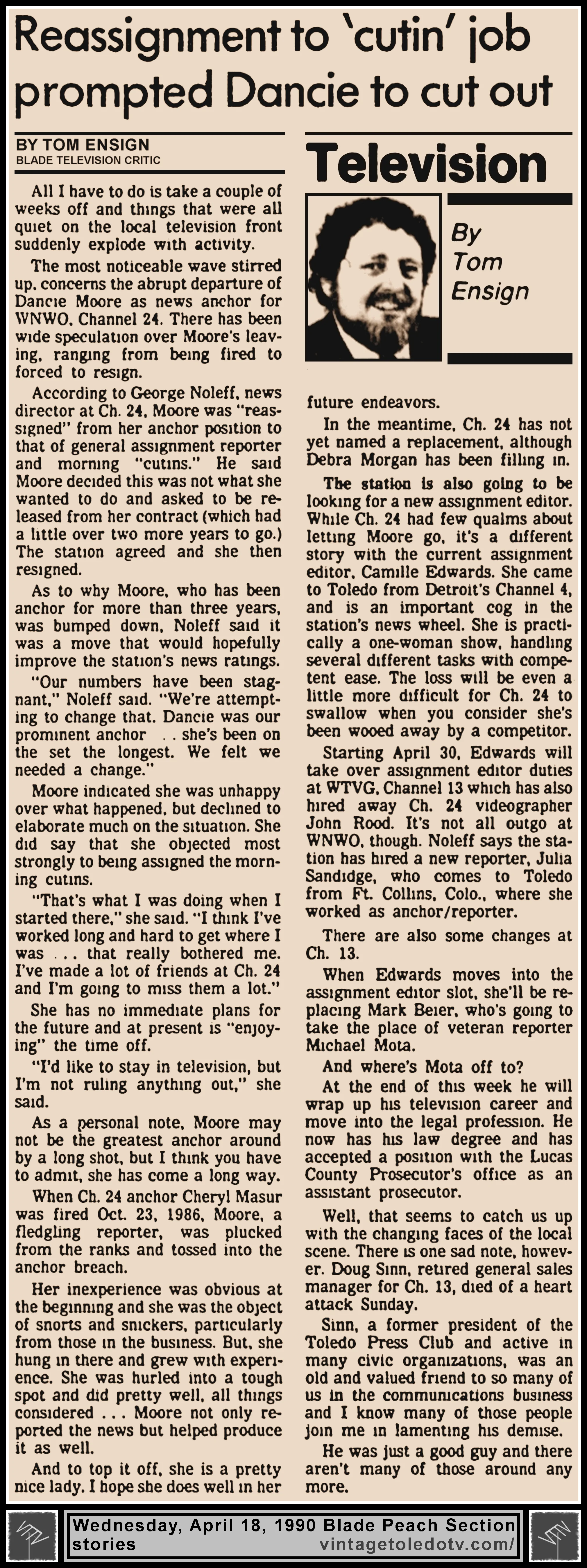"Reassignment to 'Cutin' Job Prompted Dancie to Cut Out" and other items, in The Blade's Wednesday, 4/18/90 Peach Section