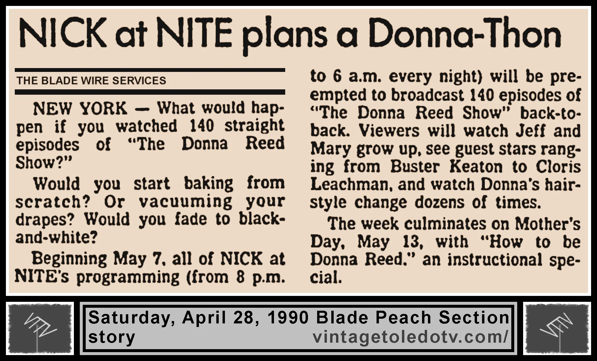 "Nick at Nite Plans a Donna-Thon," in The Blade's Saturday, 4/28/90 Peach Section