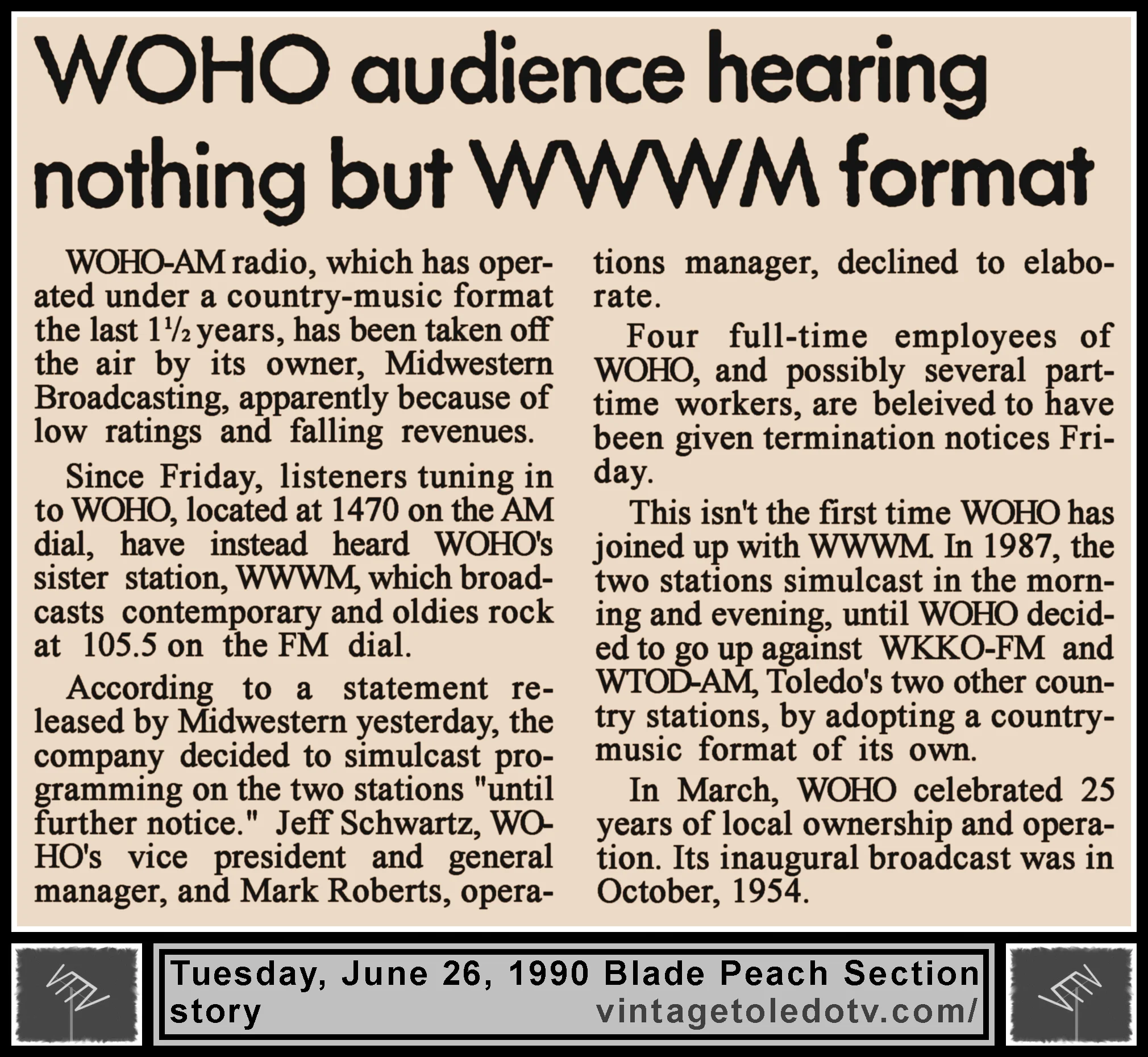"WOHO Audience Hearing Nothing But WWWM Format," in The Blade's Tuesday, 6/26/90 Peach Section