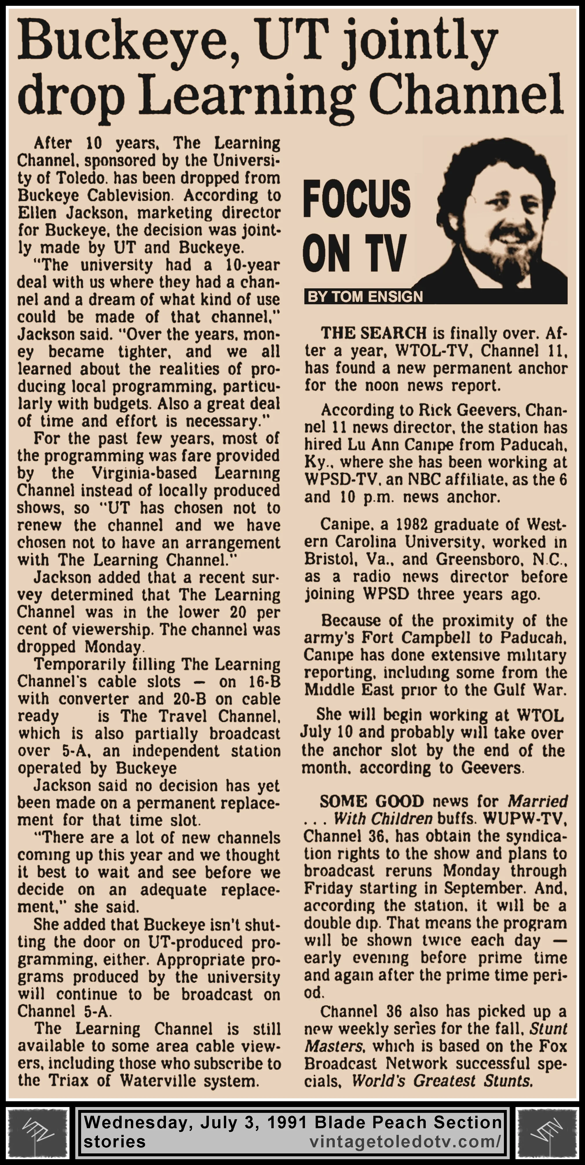 "Buckeye, UT Jointly Drop Learning Channel" and other items, by Tom Ensign, in The Blade's Wednesday, 7/3/91 Peach Section