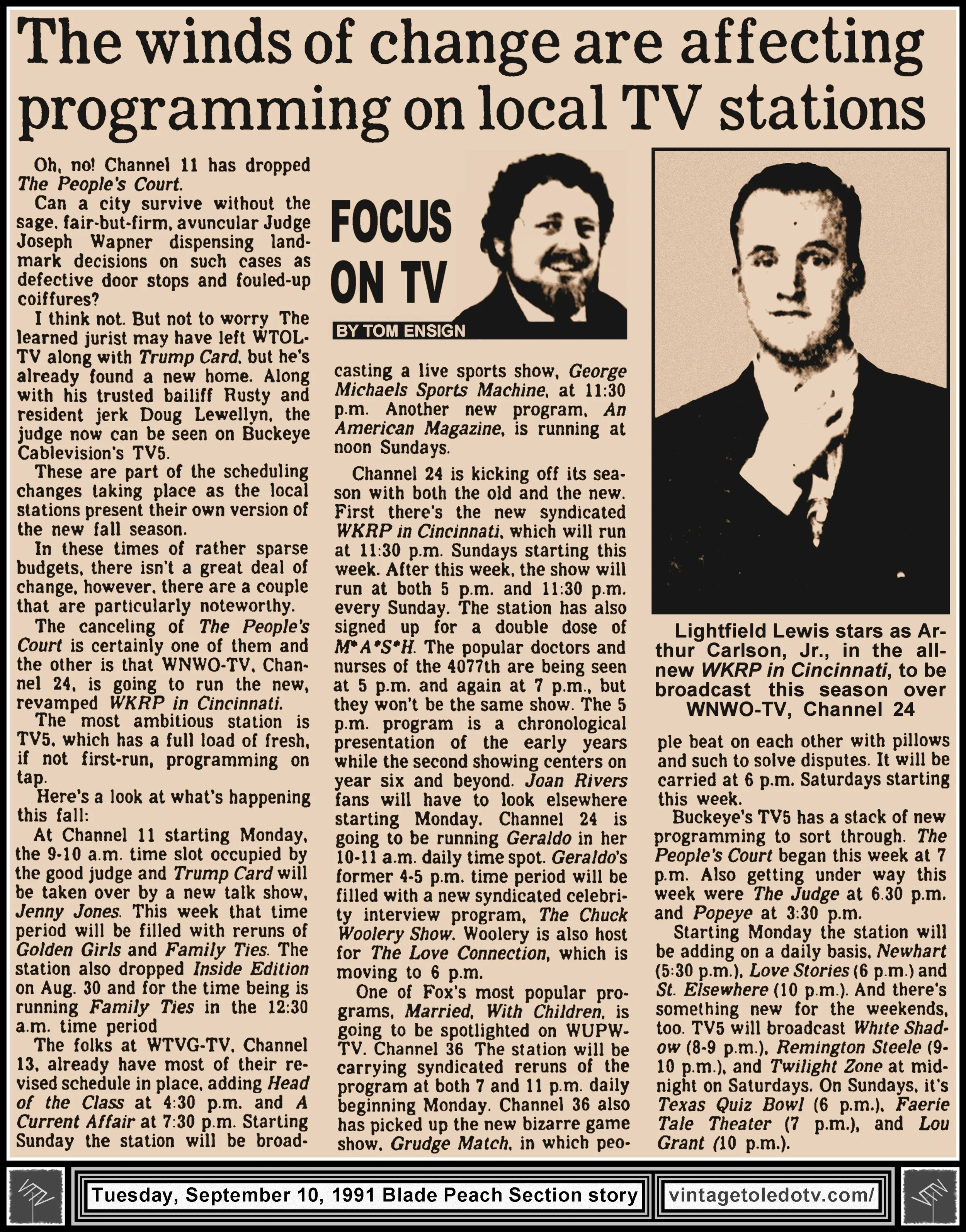 "The Winds of Change are Affecting Programming on Local TV Stations" by Tom Ensign, in The Blade's Tuesday, 9/10/91 Peach Section