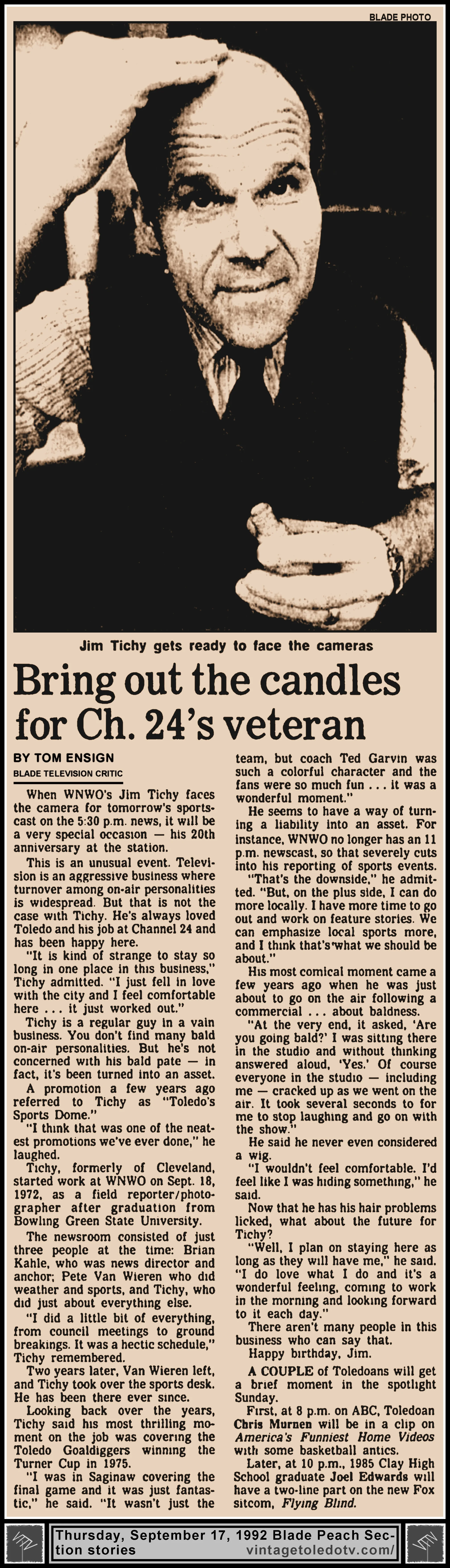 "Bring Out the Candles For Ch. 24's Veteran" and other item, by Tom Ensign, in The Blade's Thursday, 9/17/92 Peach Section