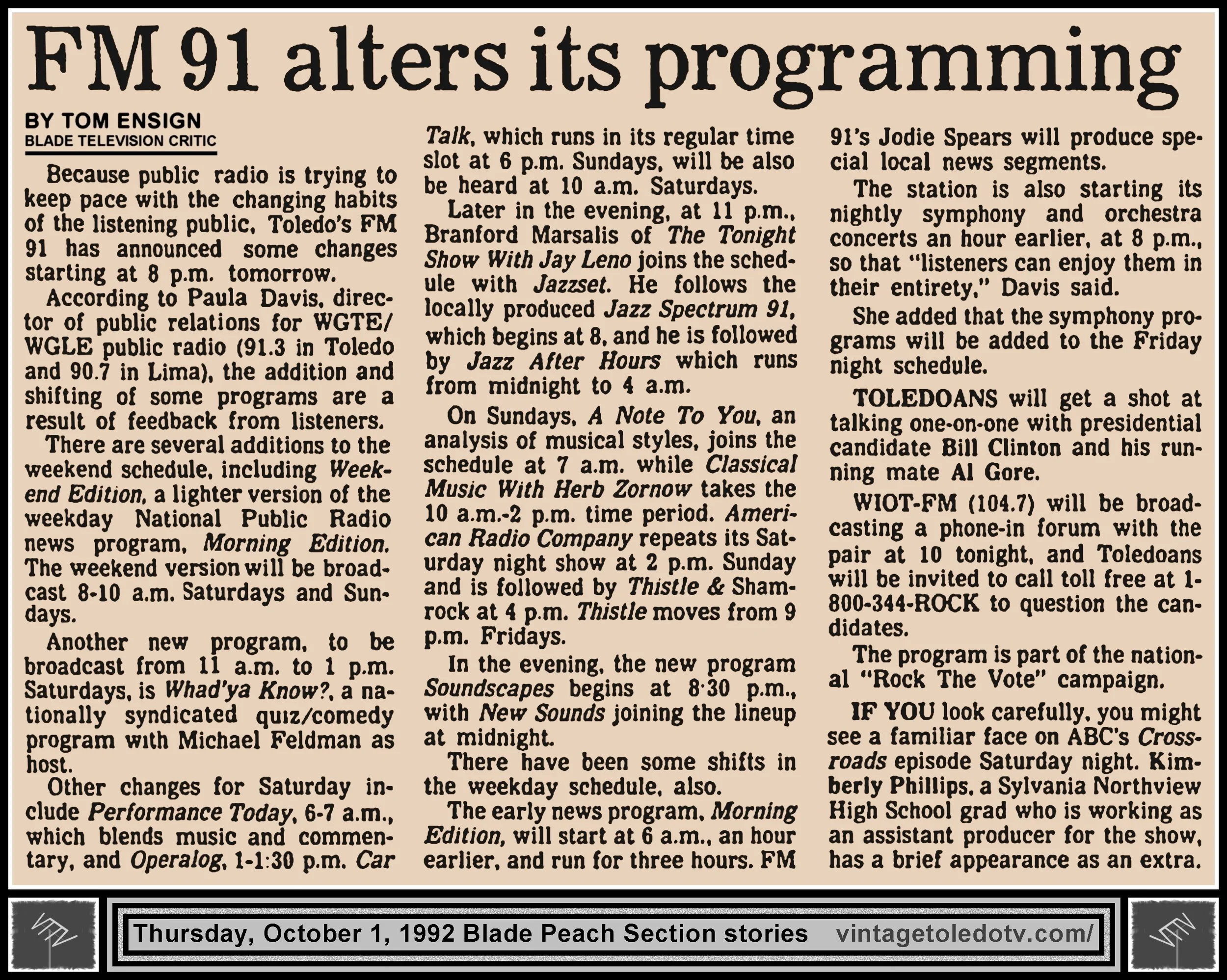 "FM 91 Alters Its Programming" and other items, by Tom Ensign, in The Blade's Thursday, 10/1/92 Peach Section