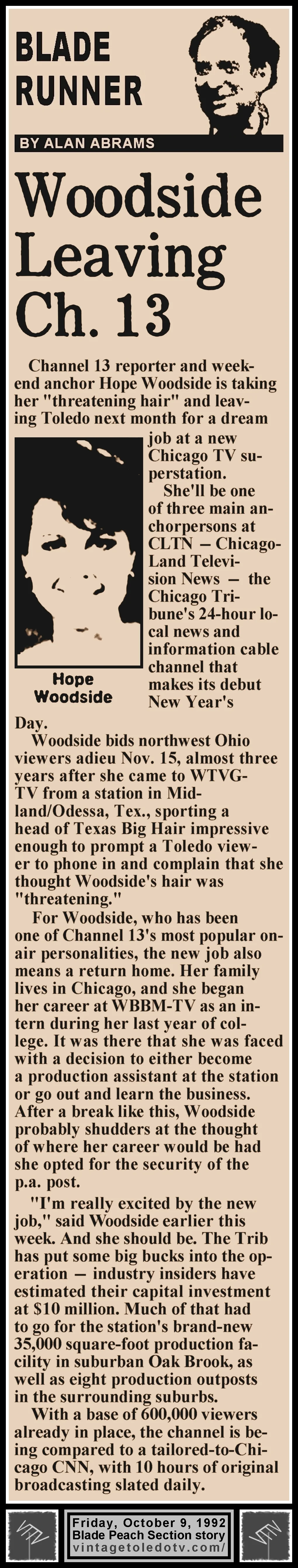 Blade Runner "Woodside Leaving Ch. 13" by Alan Abrams, in The Blade's Friday, 10/9/92 Peach Section