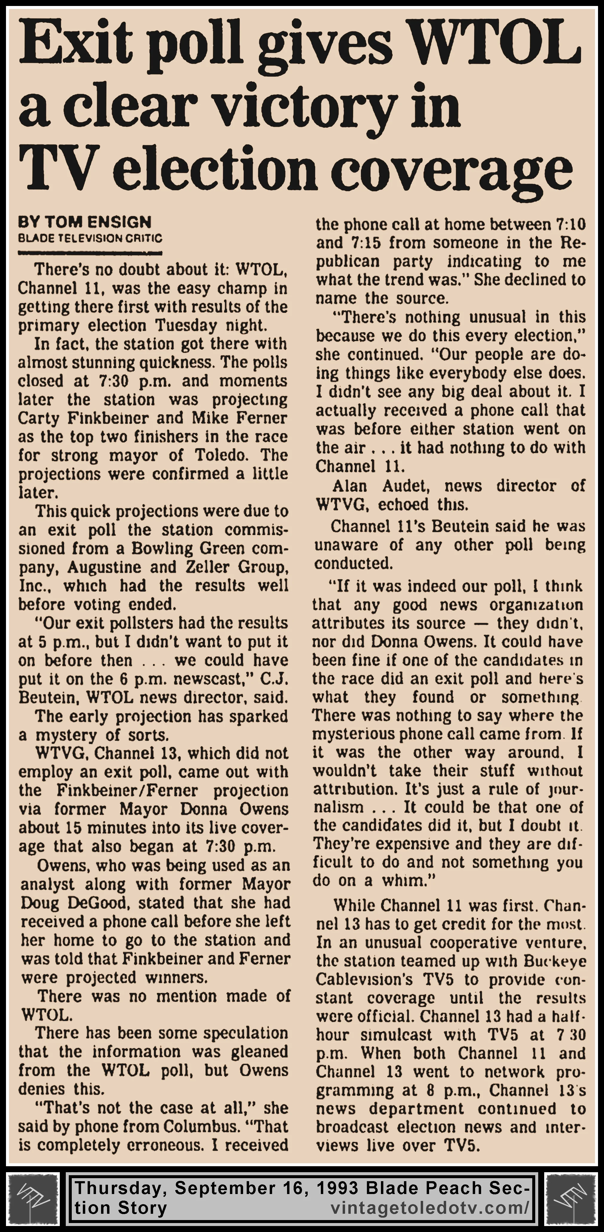 "Exit Poll Gives WTOL A Clear Victory In TV Election Coverage" by Tom Ensign, in The Blade's Thursday, 9/16/93 Peach Section