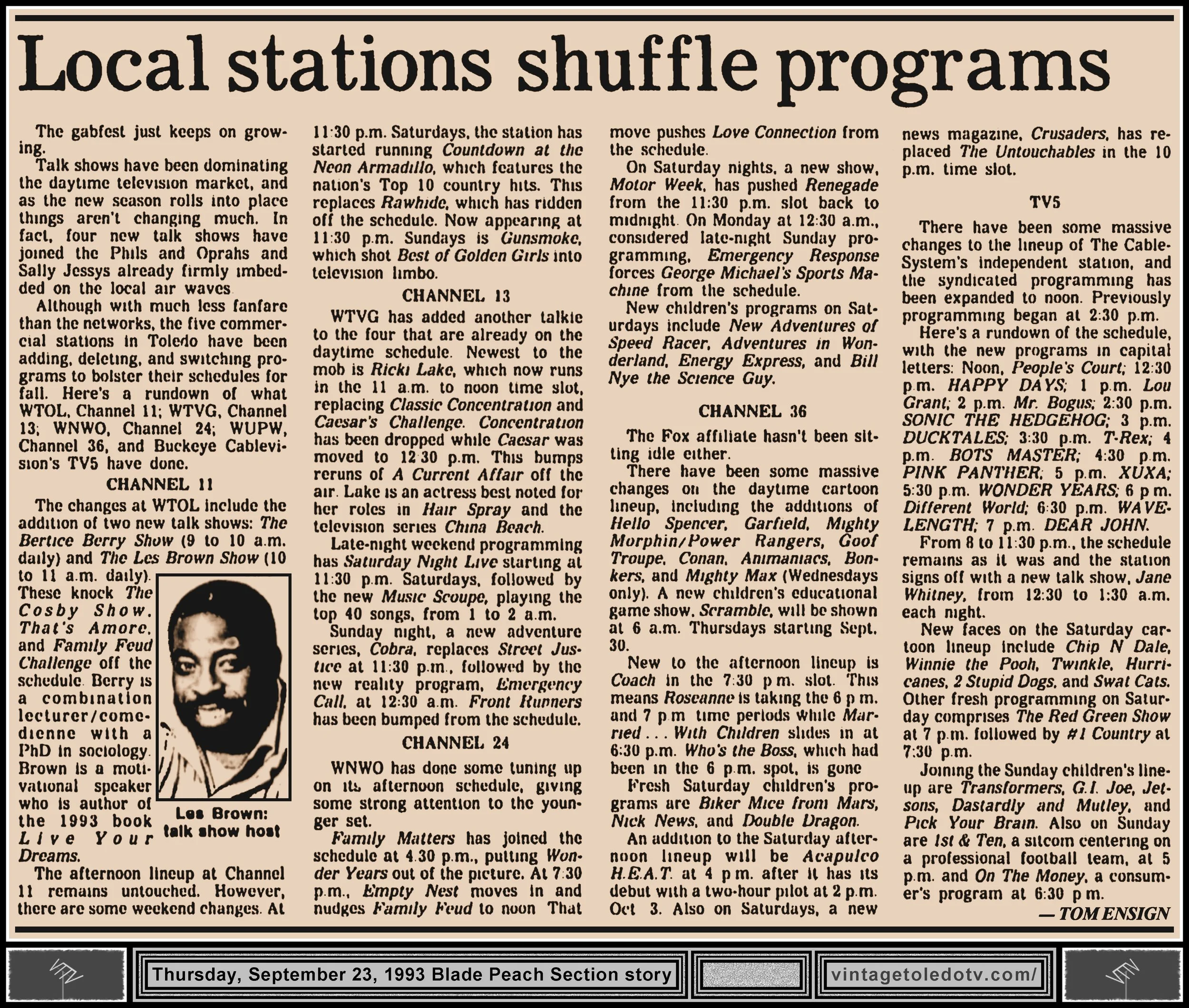 "Local Stations Shuffle Programs" by Tom Ensign, in The Blade's Thursday, 9/23/93 Peach Section