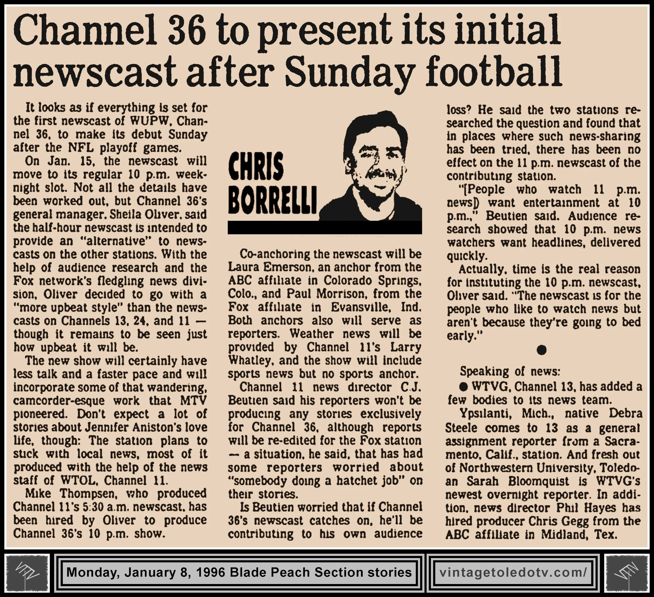 "Channel 36 To Present Its Initial Newscast After Sunday Football" and other item, by Chris Borrelli, in The Blade's Monday, 1/8/96 Peach Section