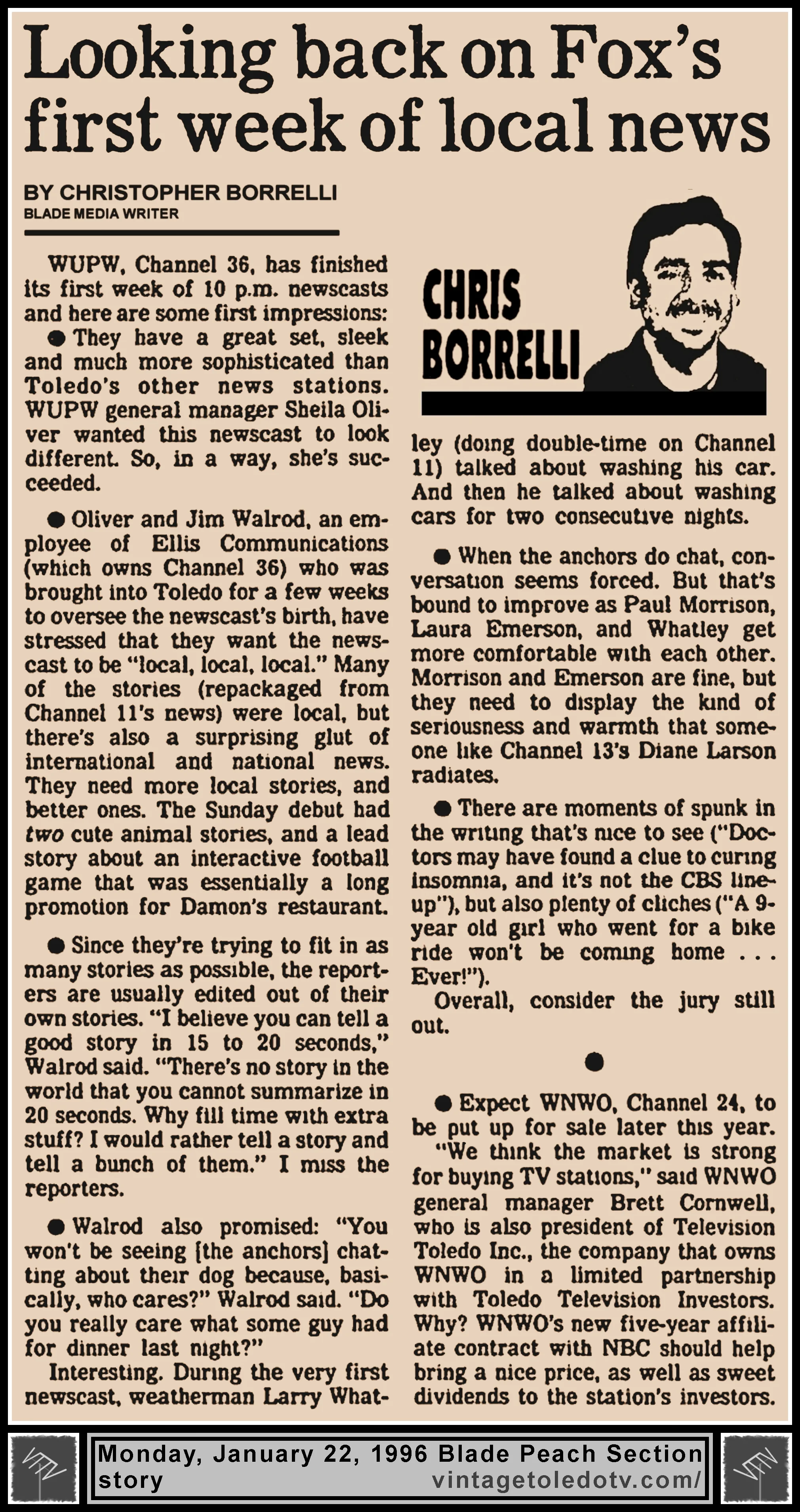 "Looking Back on Fox's First Week of Local News" and other item, by Chris Borrelli, in The Blade's Monday, 1/22/96 Peach Section