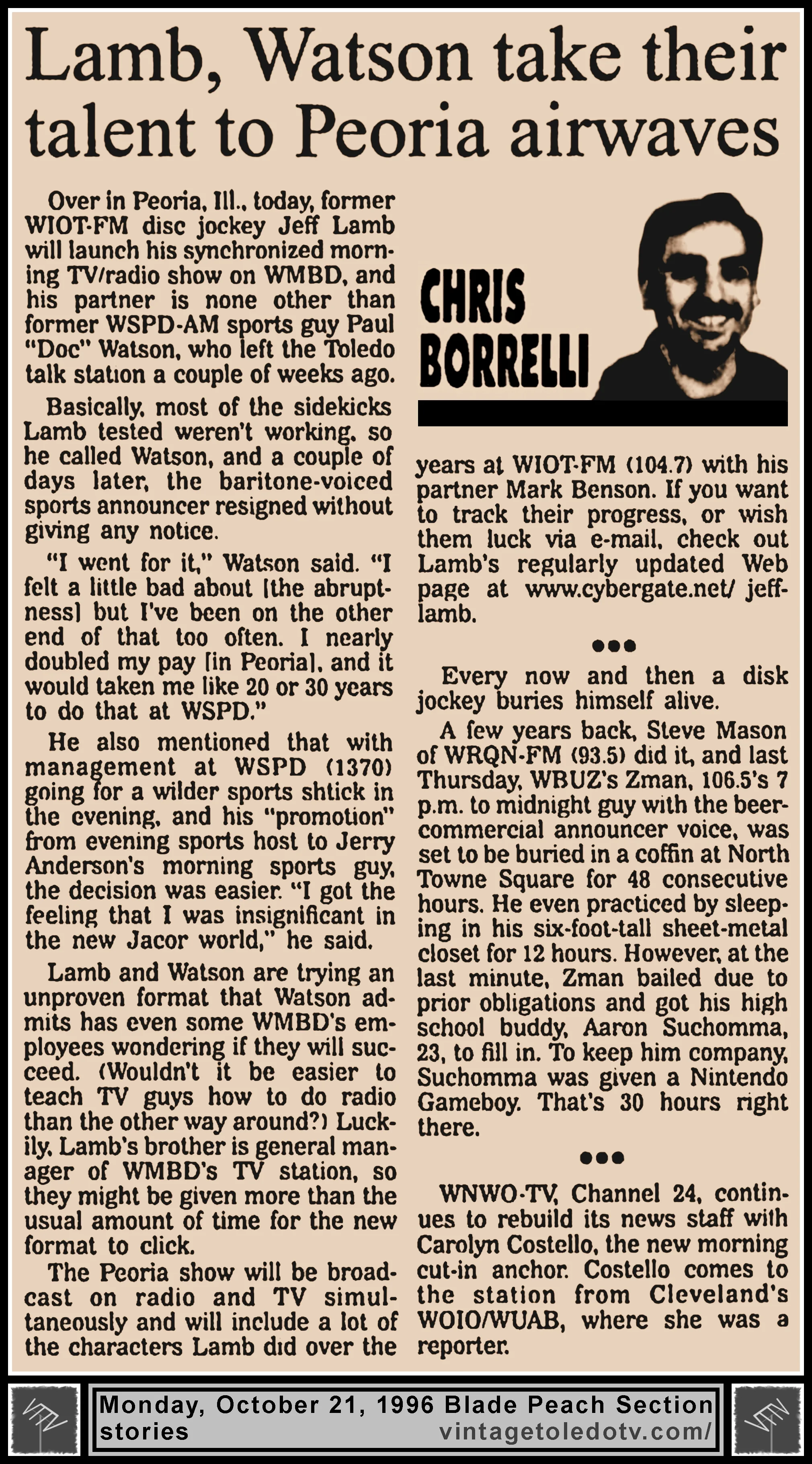"Lamb, Watson Take Their Talent To Peoria" and other items, by Chris Borrelli, in The Blade's Monday, 10/21/96 Peach Section