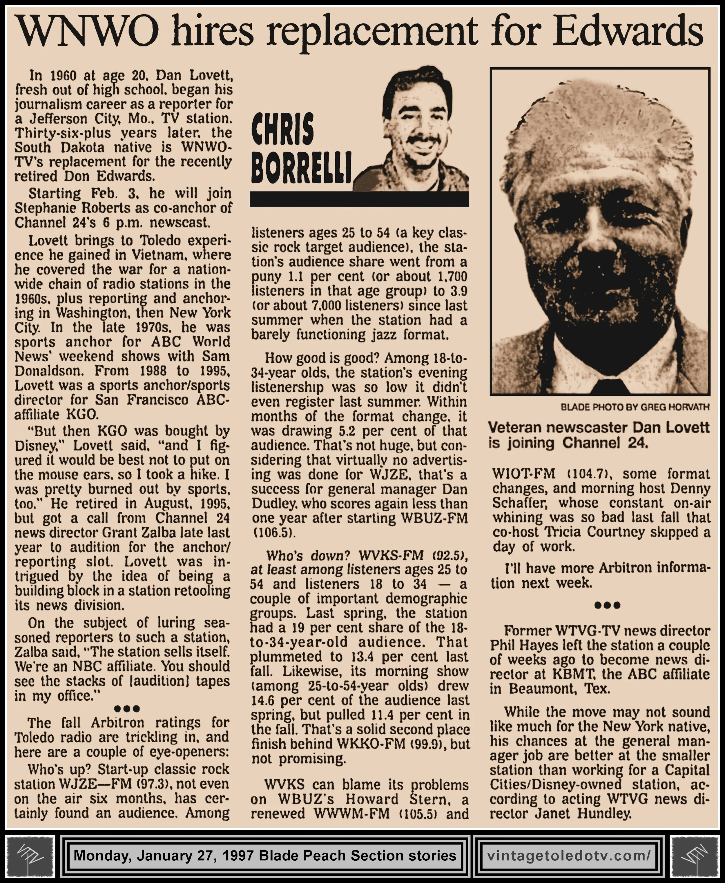 "WNWO Hires Replacement For Edwards" and other items, by Chris Borrelli, in The Blade's Monday, 1/27/97 Peach Section