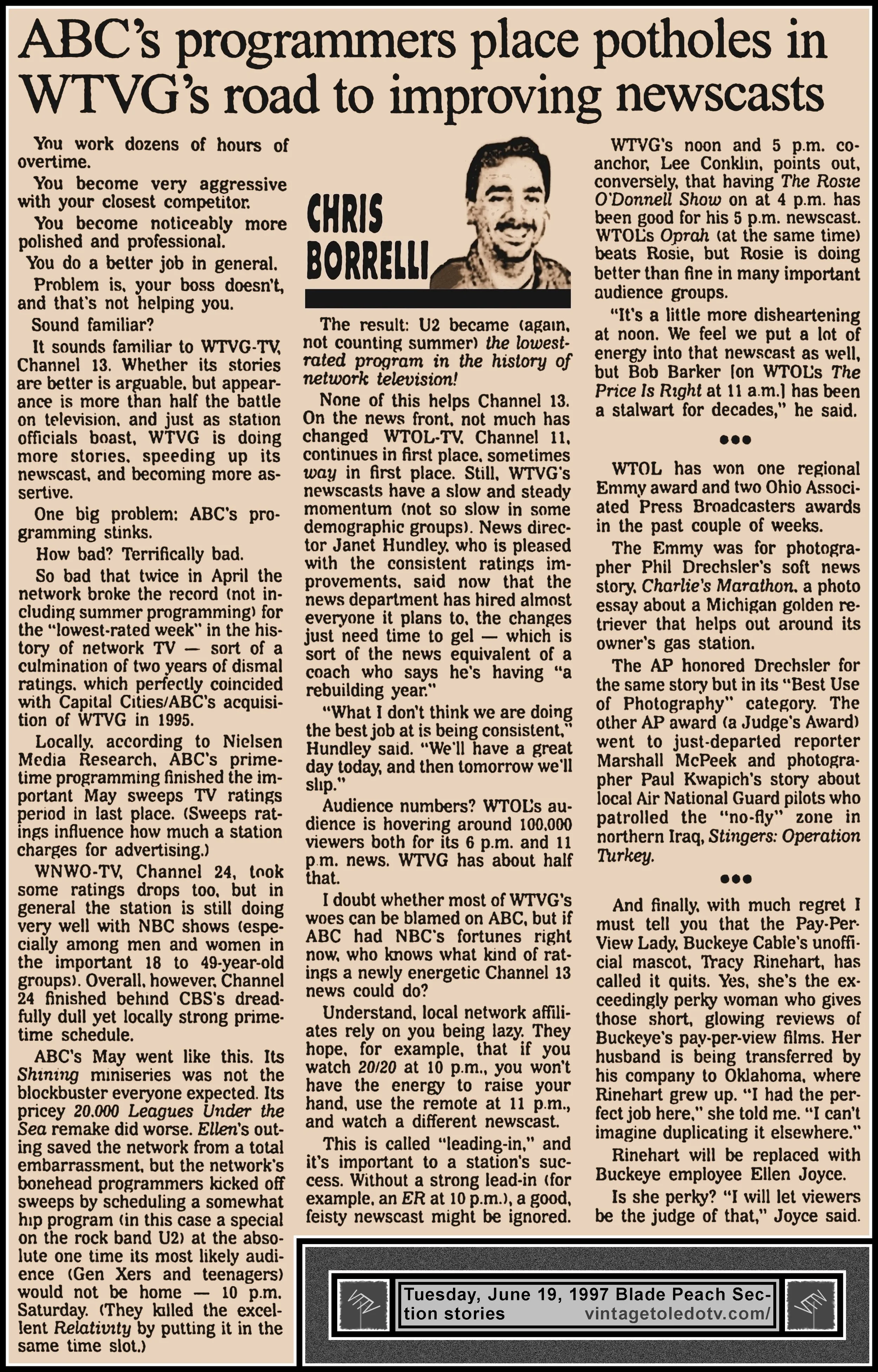 "ABC's Programmers Place Potholes In WTVG's Road To Improving Newscasts" and other items, by Chris Borrelli, in The Blade's Tuesday, 6/19/97 Peach Section