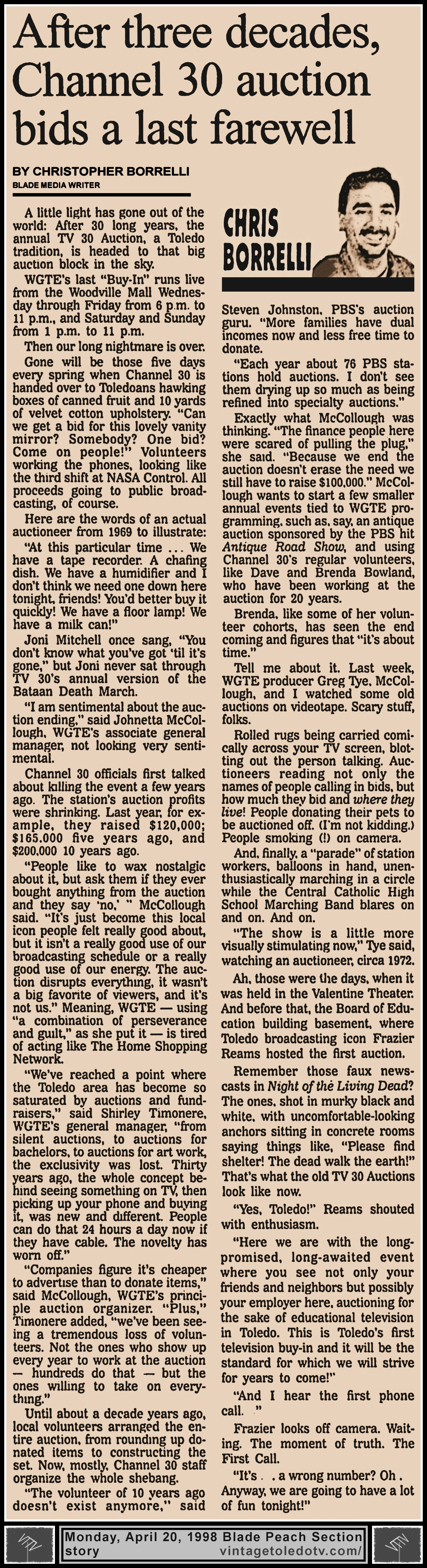 "After Three Decades, Channel 30 Auction Bids A Last Farewell" by Chris Borrelli, in The Blade's Monday, 4/20/98 Peach Section