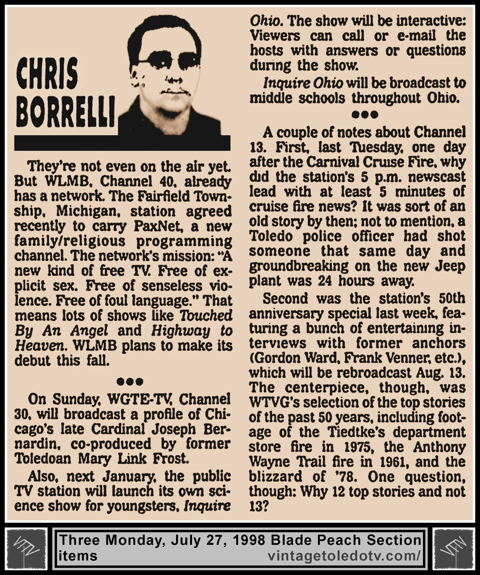 Three items by Chris Borrelli, in The Blade's Monday, 7/27/98 Peach Section