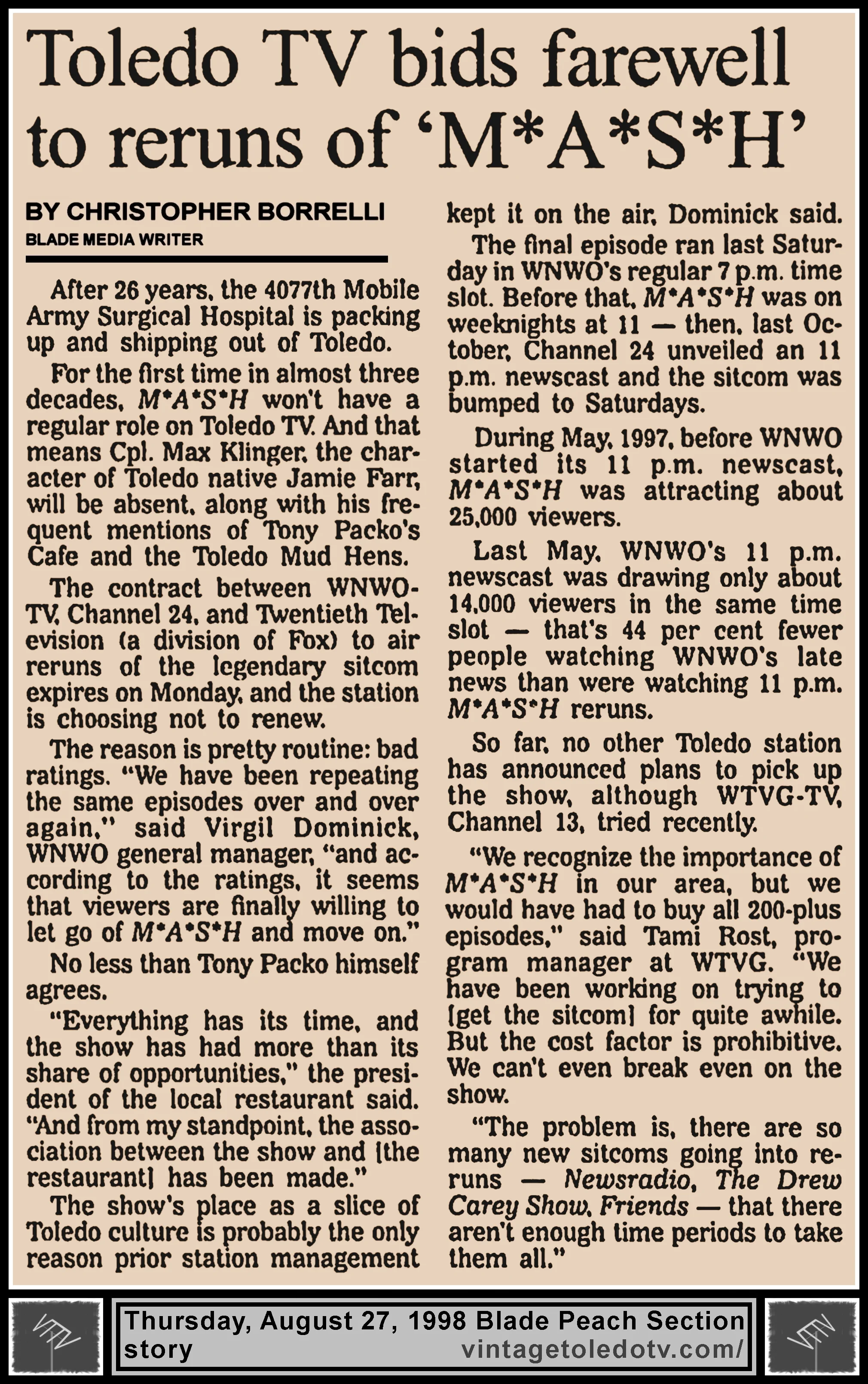 "Toledo TV Bids Farewell To Reruns Of 'M*A*S*H'" by Christopher Borrelli, in The Blade's Thursday, 8/27/98 Peach Section