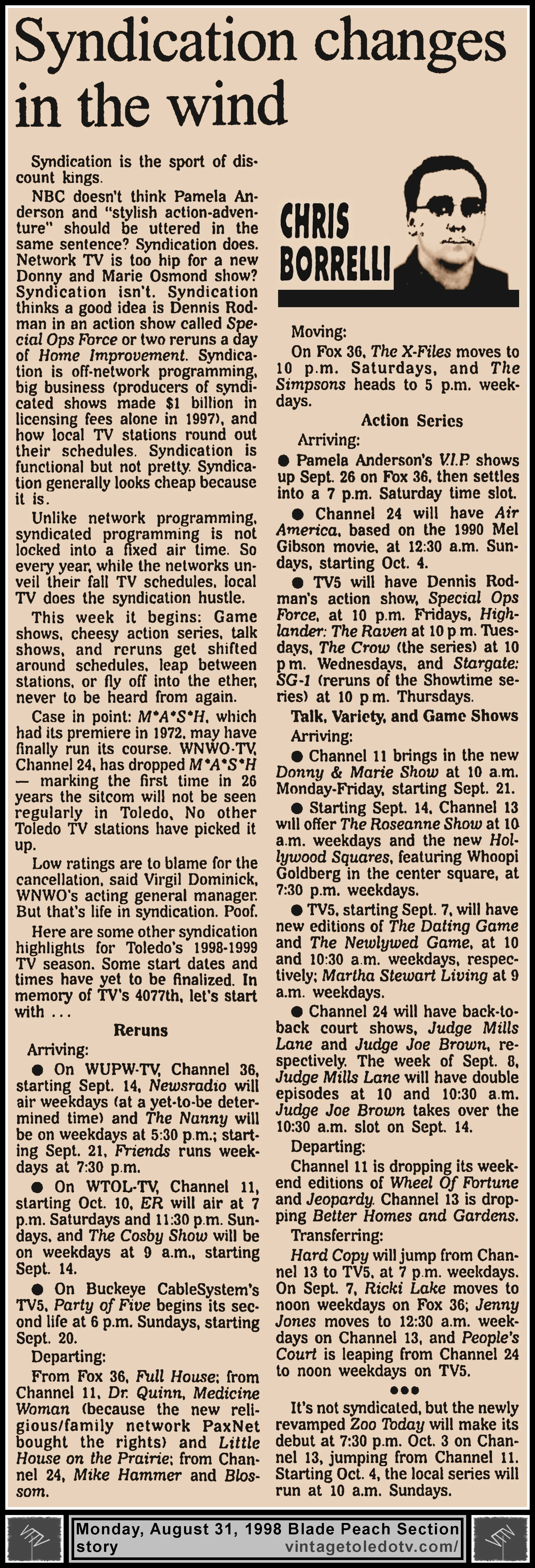 "Syndication Changes In The Wind" and other item, by Christopher Borrwlli, in The Blade's Monday, 8/31/98 Peach Section