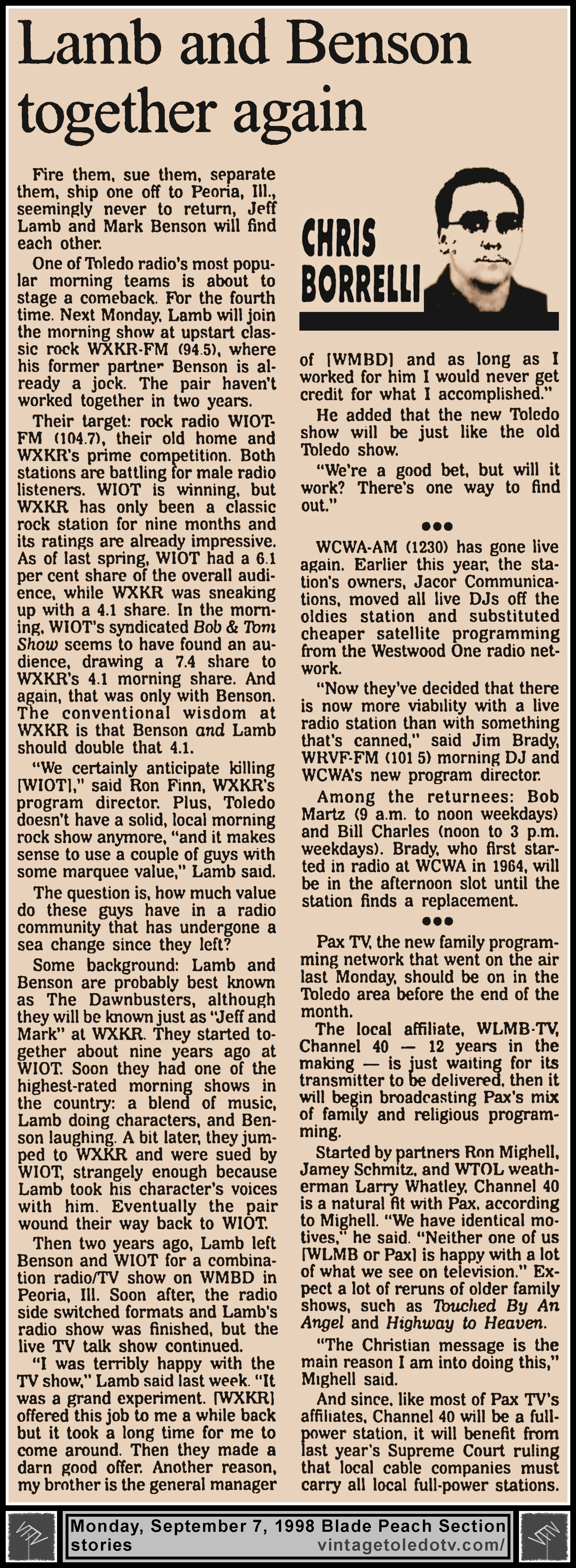 "Lamb and Benson Together Again" and other items, by Chris Borrelli, in The Blade's Monday, 9/7/98 Peach Section