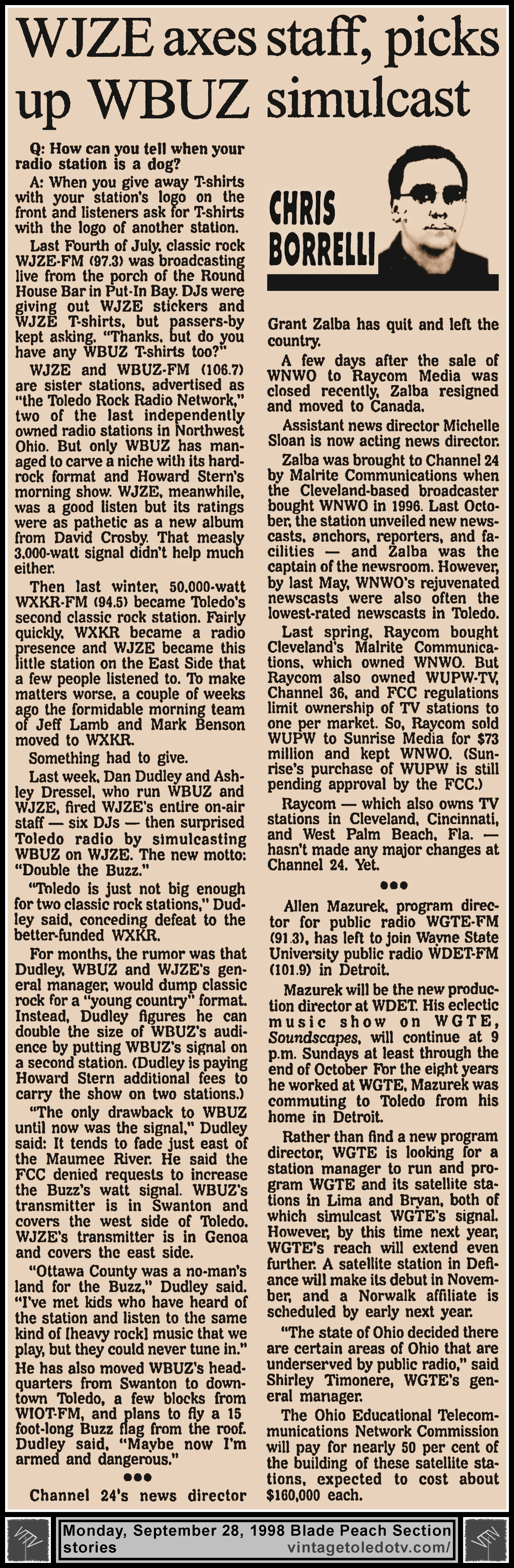 "WJZE Axes Staff, Picks Up WBUZ Simulcast" and other items, in The Blade's Monday, 9/28/98 Peach Section