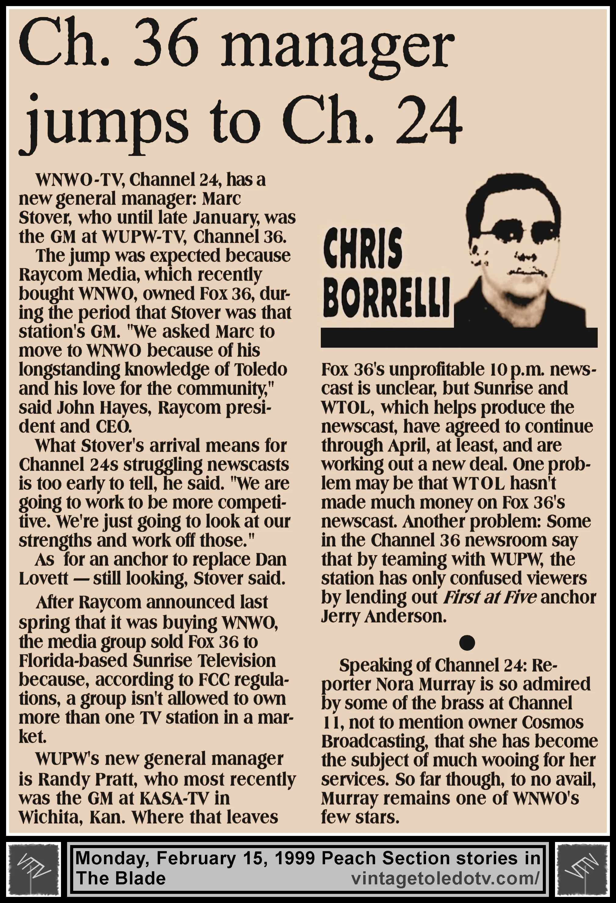 "Ch. 36 Manager Jumps To Ch. 24" and other item, by Chris Borrelli, in The Blade's Monday, 2/15/99 Peach Section