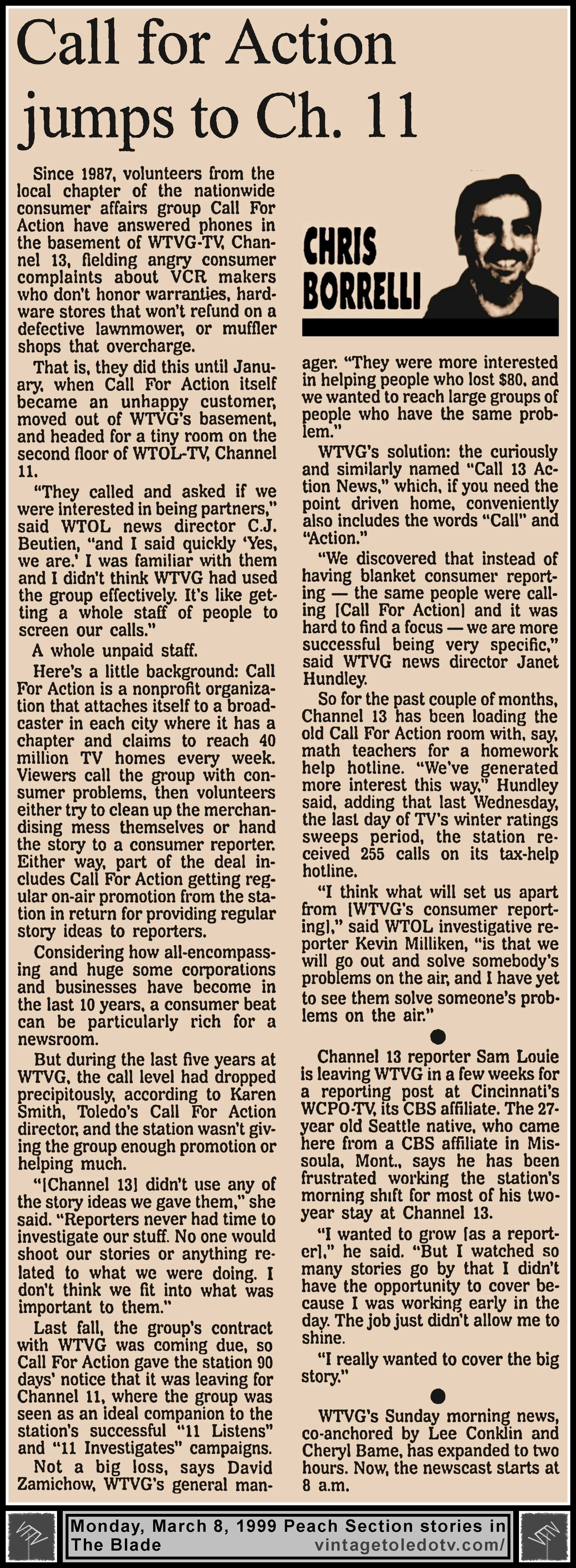 "Call For Action Jumps To Ch. 11" and other items, by Chris Borrelli, in The Blade's Monday, 3/8/99 Peach Section