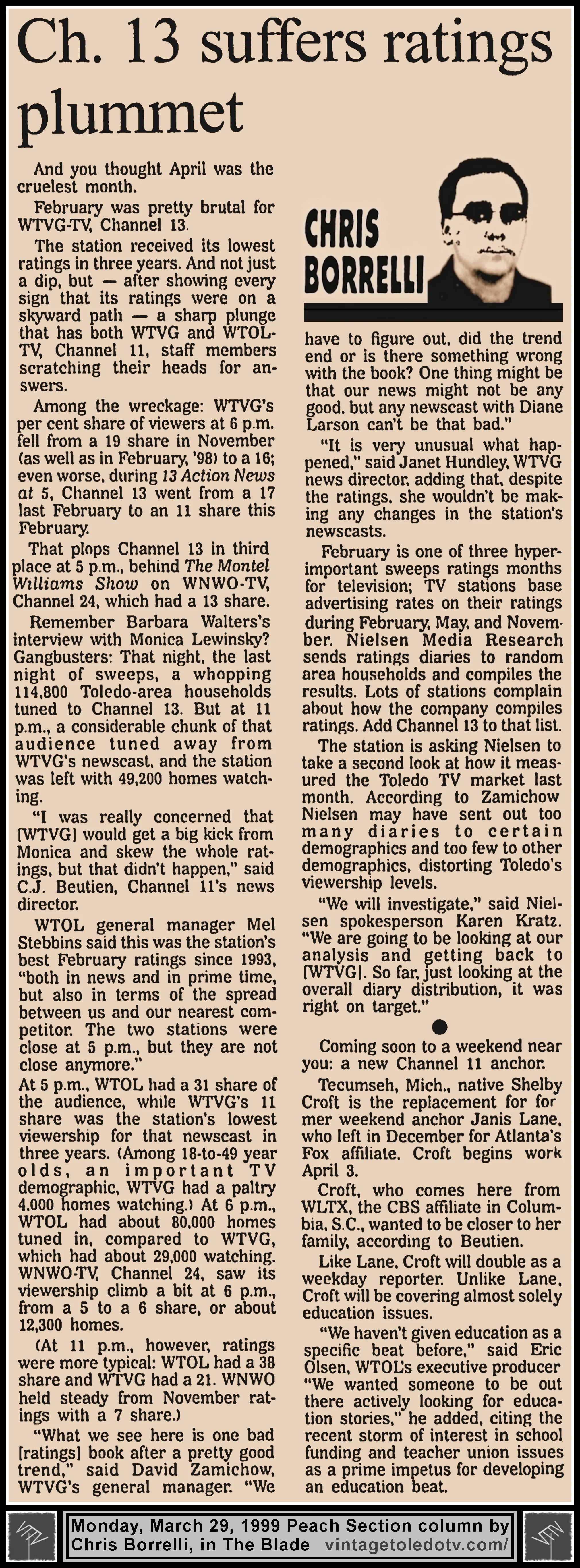 "Ch. 13 Suffers Ratings Plummet" and other item, by Chris Borrelli, in The Blade's Monday, 3/29/99 Peach Section
